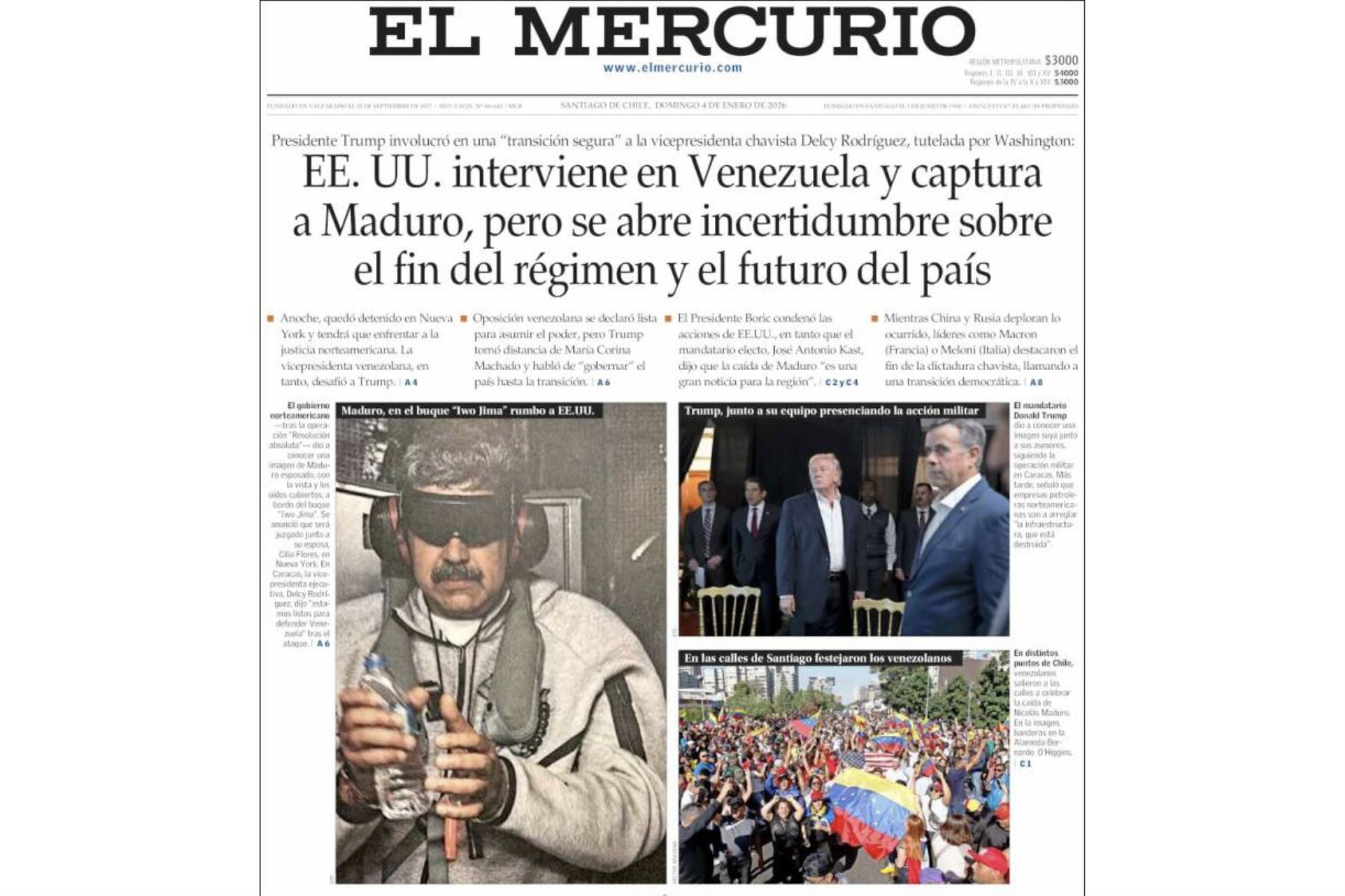 Así informó El Mercurio sobre la captura de Nicolás Maduro. Foto: captura