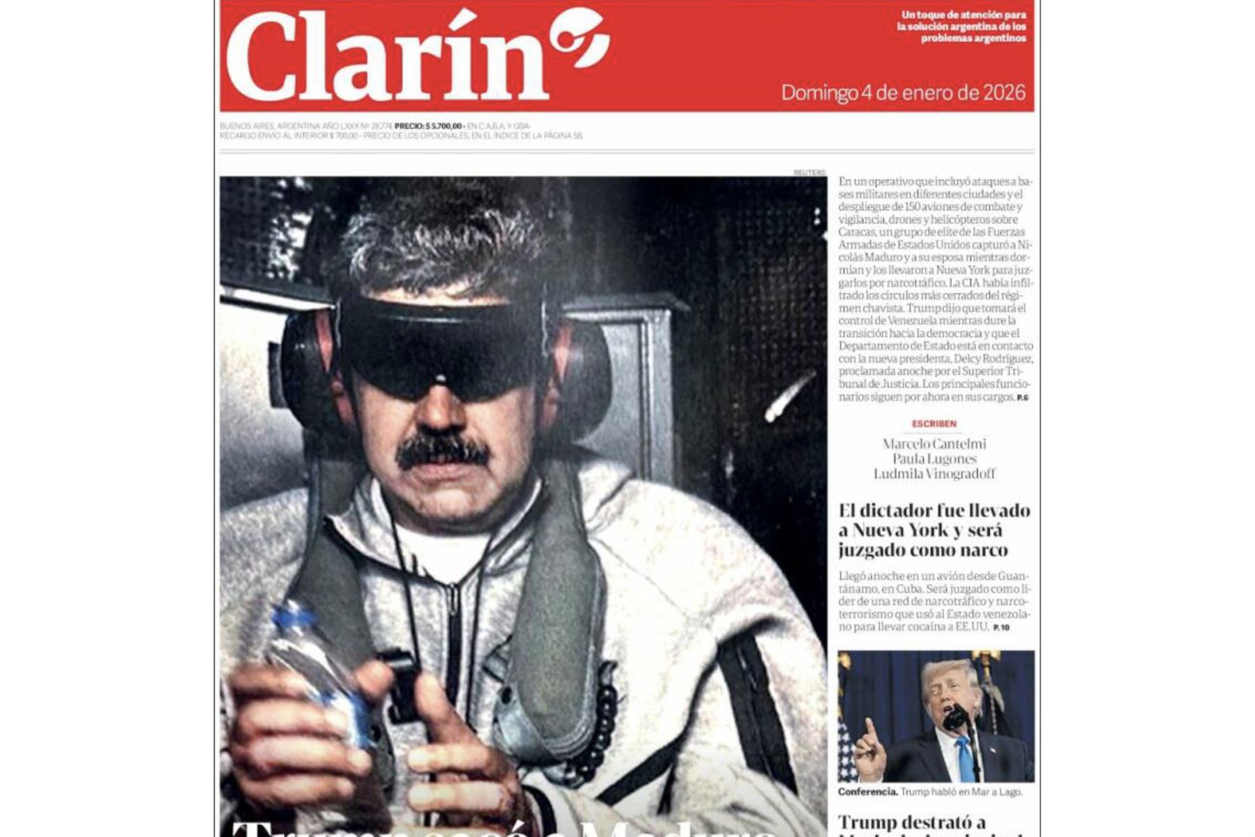 Así informó El Clarín sobre la captura de Nicolás Maduro. Foto: captura