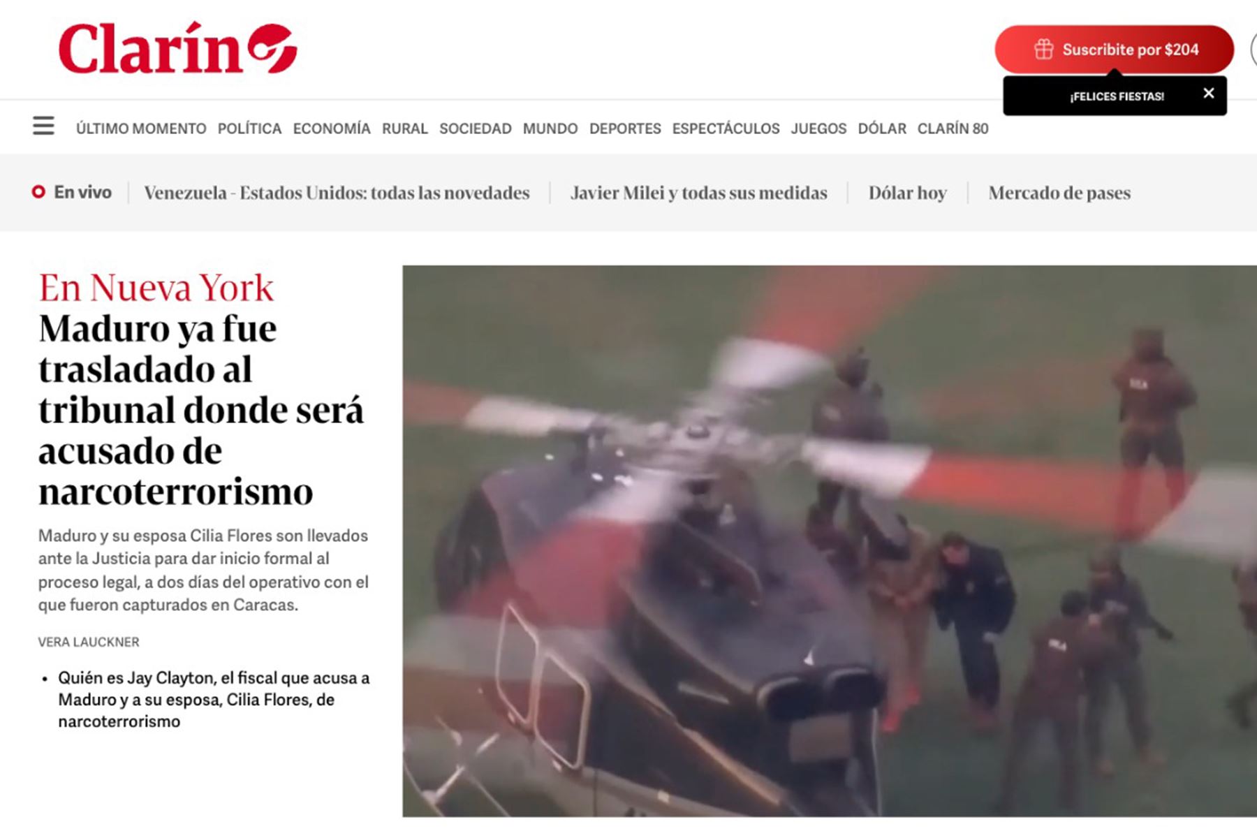 Prensa internacional informa en sus portadas inicio del juicio a Nicolás Maduro en Nueva York. Diario Clarín