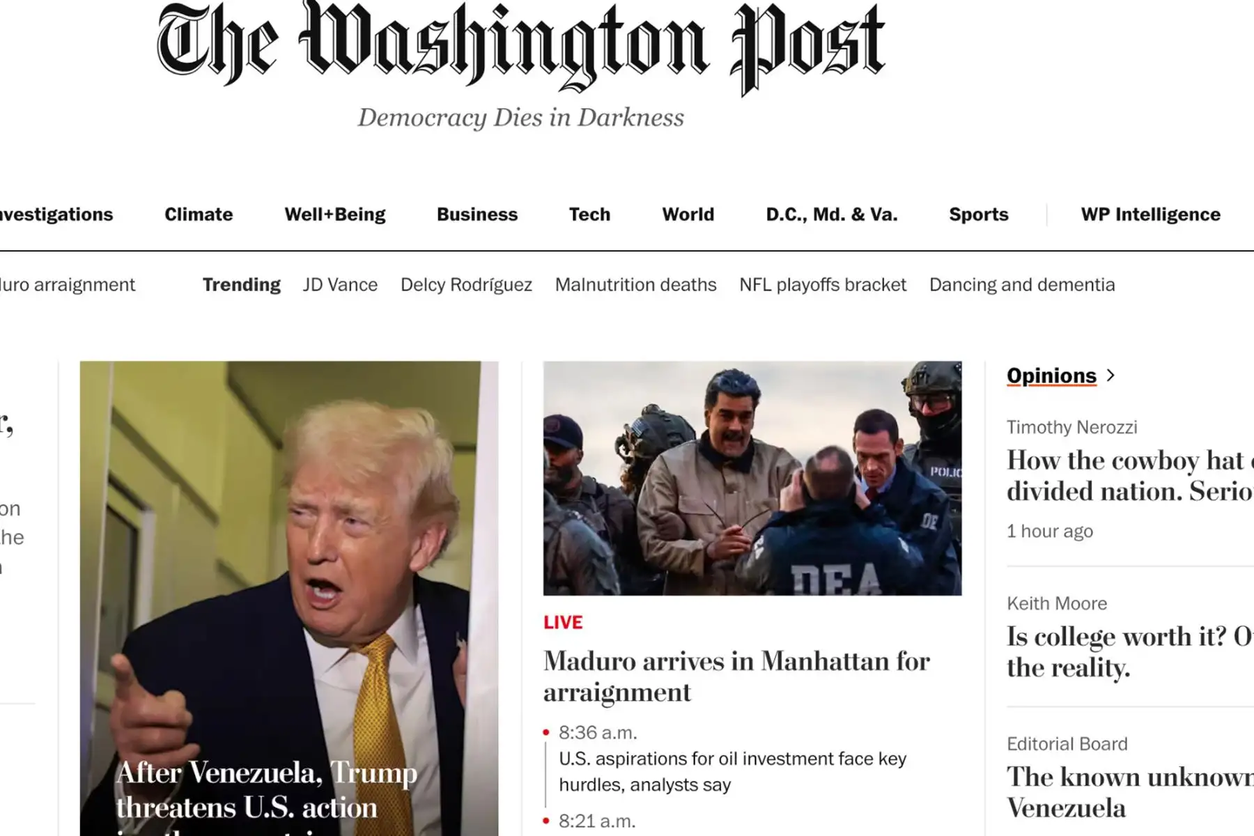 Prensa internacional informa en sus portadas inicio del juicio a Nicolás Maduro en Nueva York.The Washington Post