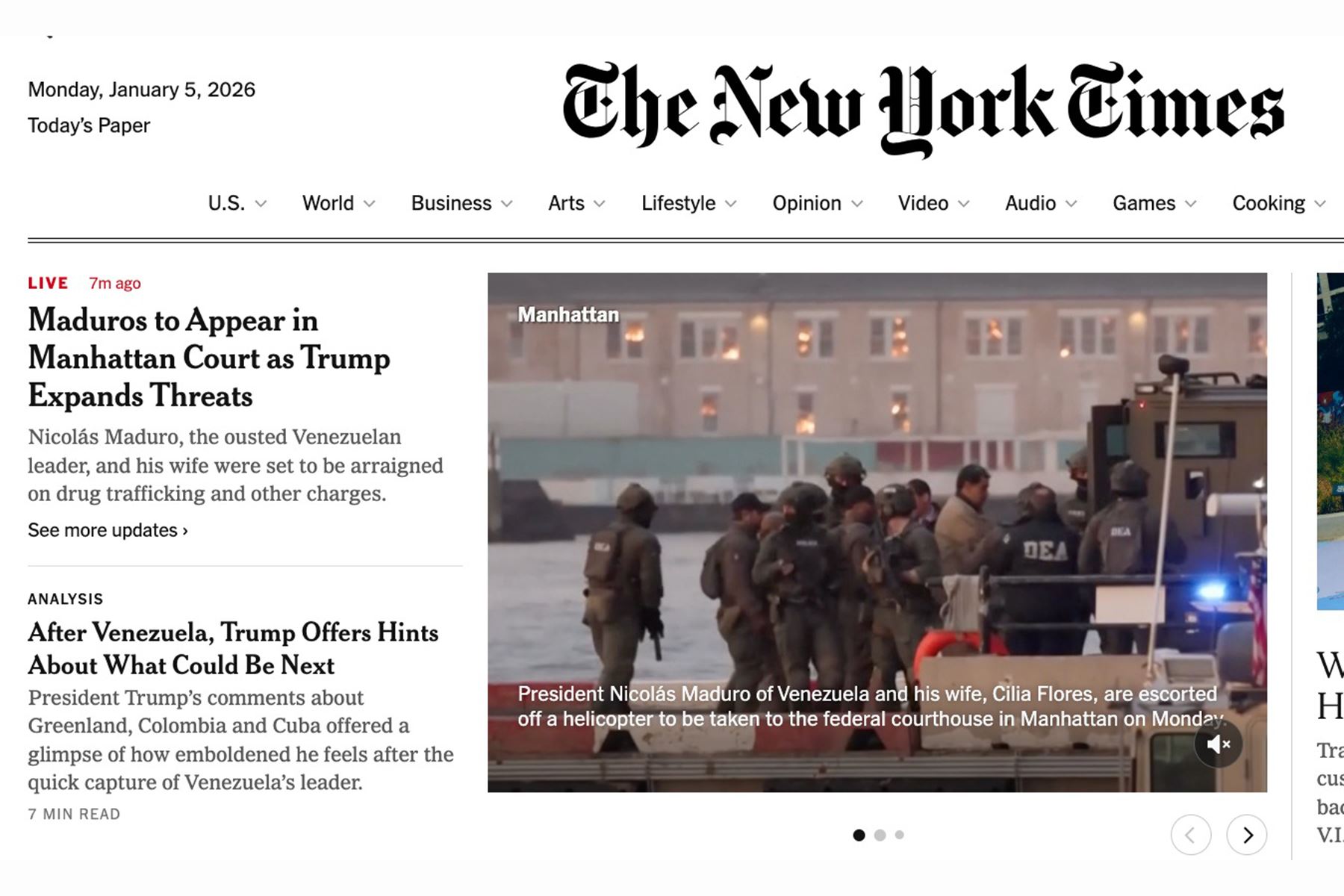 Prensa internacional informa en sus portadas inicio del juicio a Nicolás Maduro en Nueva York. The New York Times