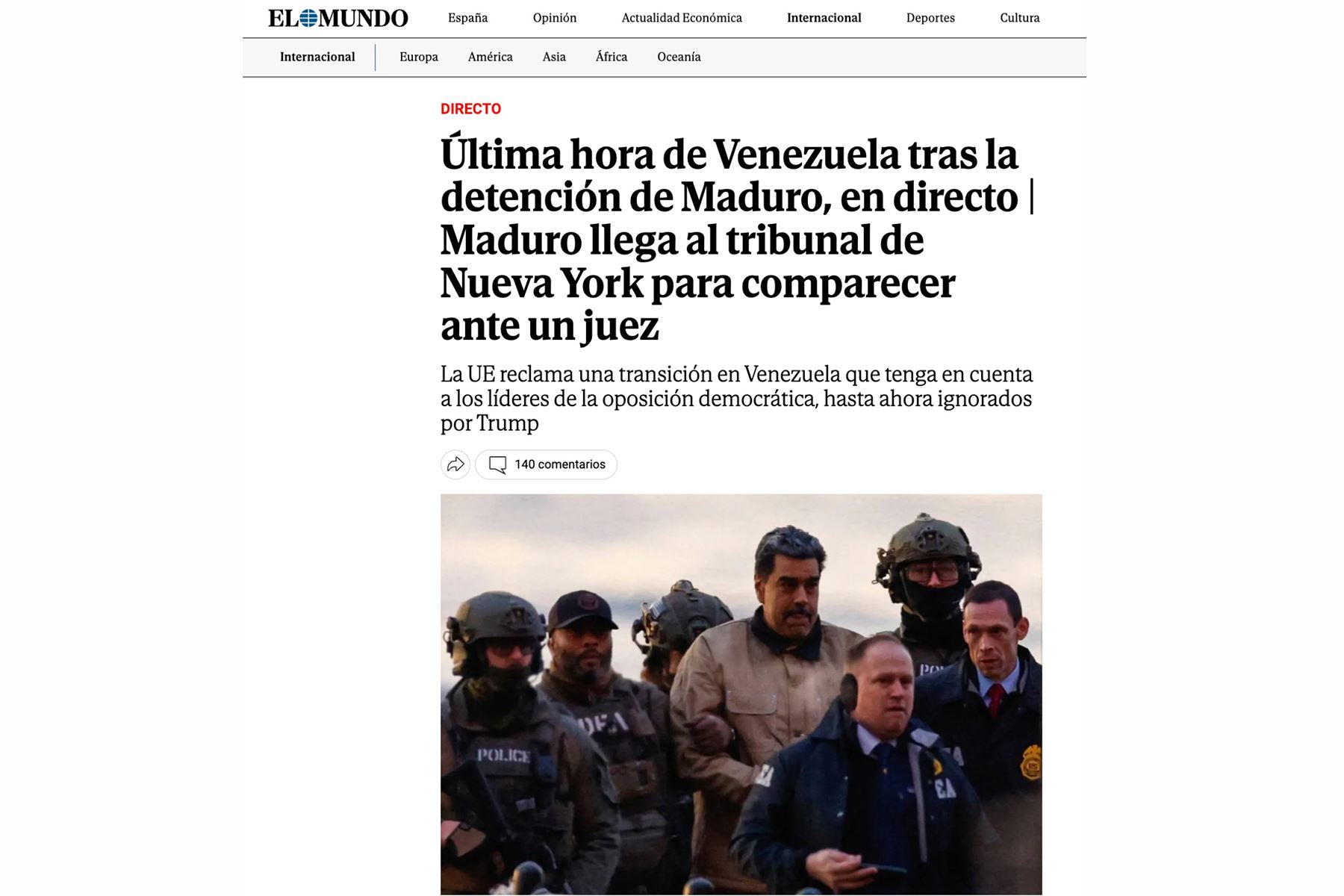 Prensa internacional informa en sus portadas inicio del juicio a Nicolás Maduro en Nueva York. El Mundo