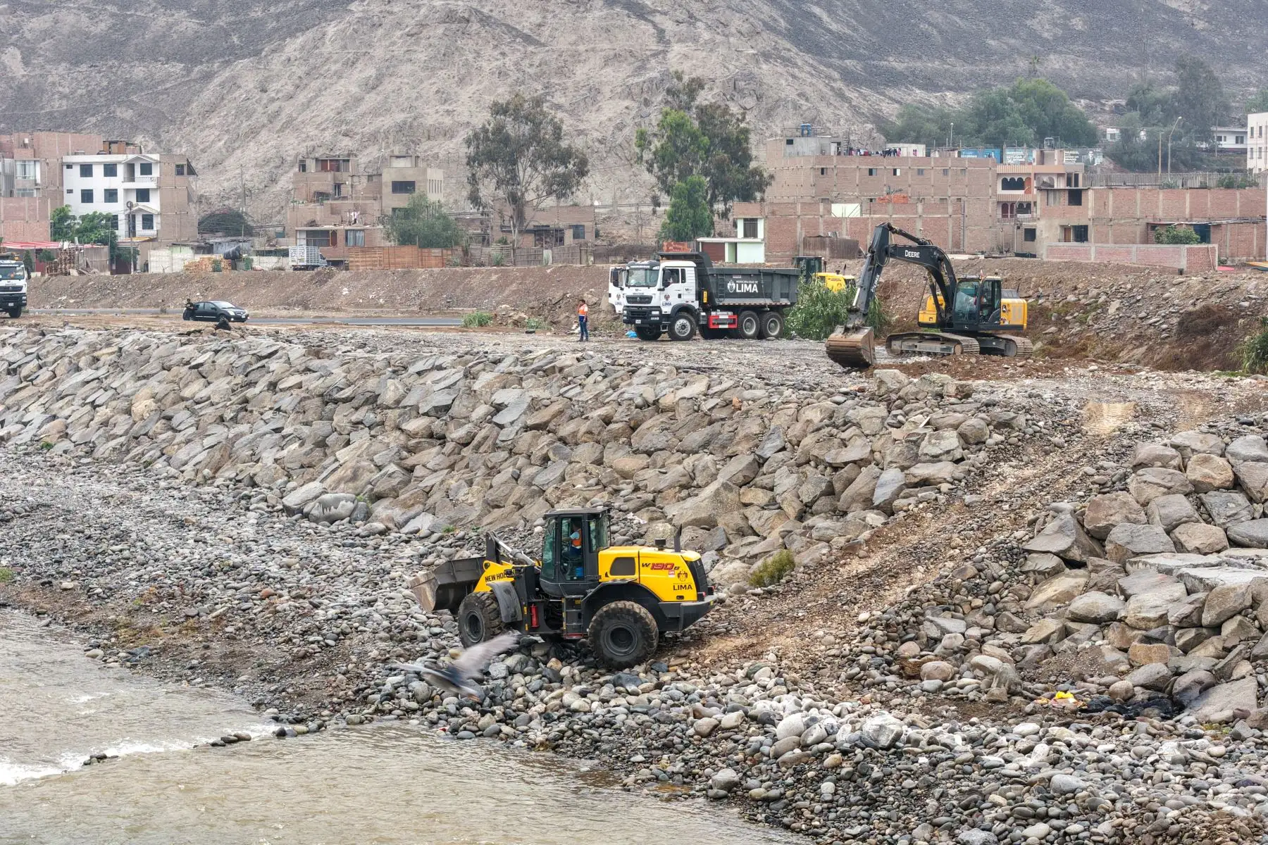 Trabajos de limpieza, descolmatación y enrocado del río Rímac. En la primera etapa se trabajó un tramo de 4 kilómetros desde A. H. Nueva Caja de Agua y el puente Trujillo. Foto: ANDINA/Ricardo Cuba