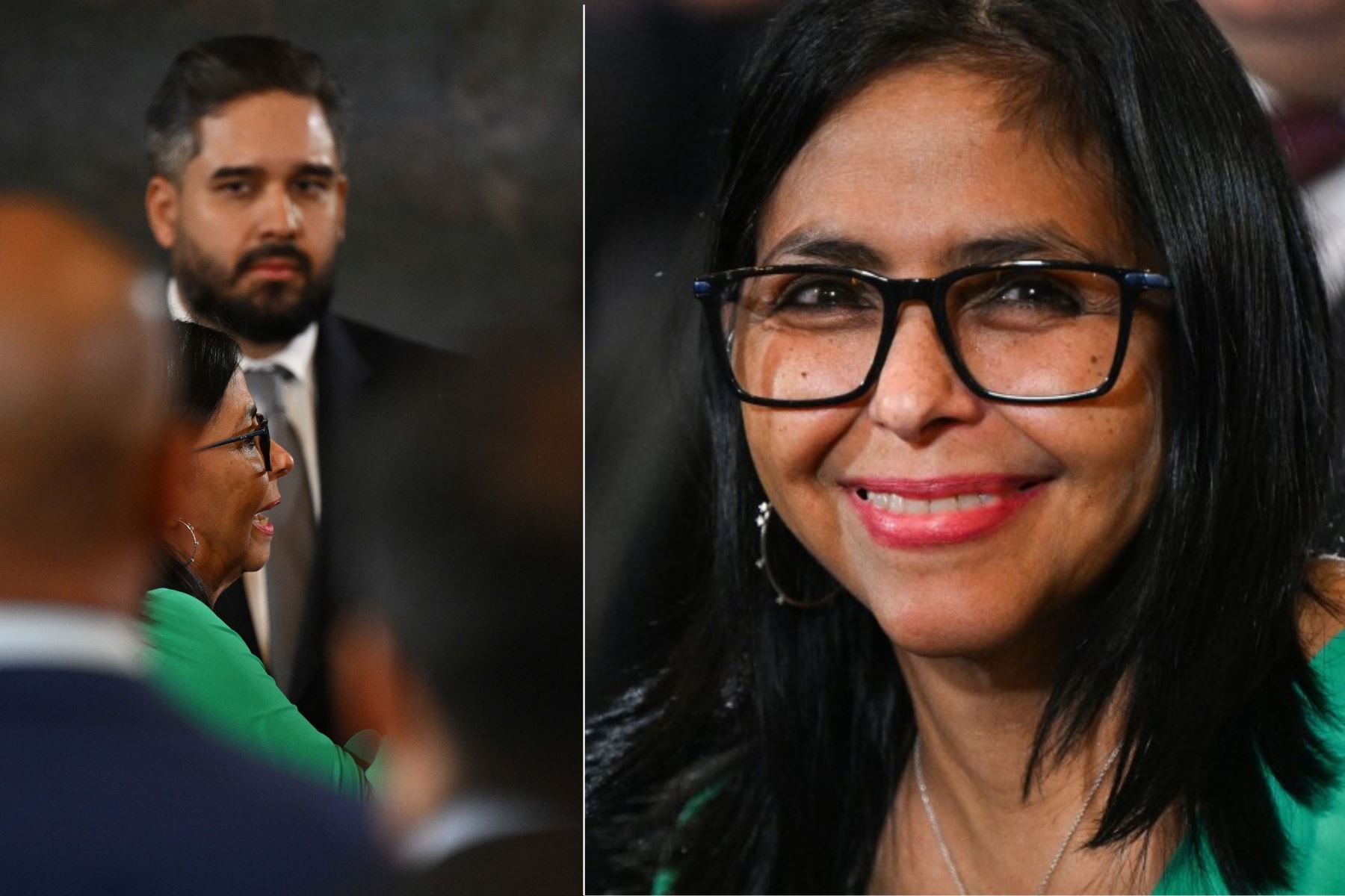 Delcy Rodríguez juró este lunes como presidenta encargada de Venezuela ante la Asamblea Nacional, tras la captura de Nicolás Maduro y Cilia Flores por fuerzas de Estados Unidos. La exvicepresidenta asumió el cargo por 90 días prorrogables, en una ceremonia presidida por el Parlamento y con la presencia del hijo de Maduro, Nicolás Maduro Guerra, quien sostuvo la Constitución. Rodríguez prometió trabajar por el retorno de Maduro y defender la estabilidad nacional. Foto: Composición con fotos de AFP