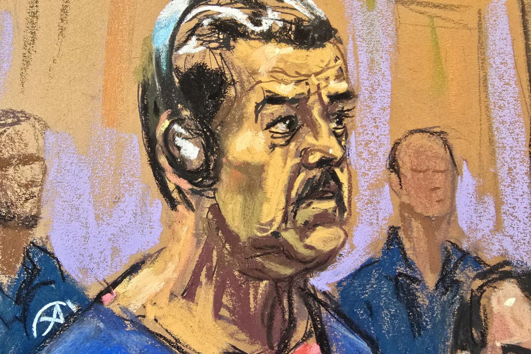 La escena judicial quedó registrada en un dibujo de Jane Rosenberg, recurso habitual en cortes federales. La ilustración muestra a Maduro y Flores compareciendo ante el tribunal, una imagen simbólica de un proceso que ha despertado atención internacional y protestas a favor y en contra fuera del recinto. Foto: AFP