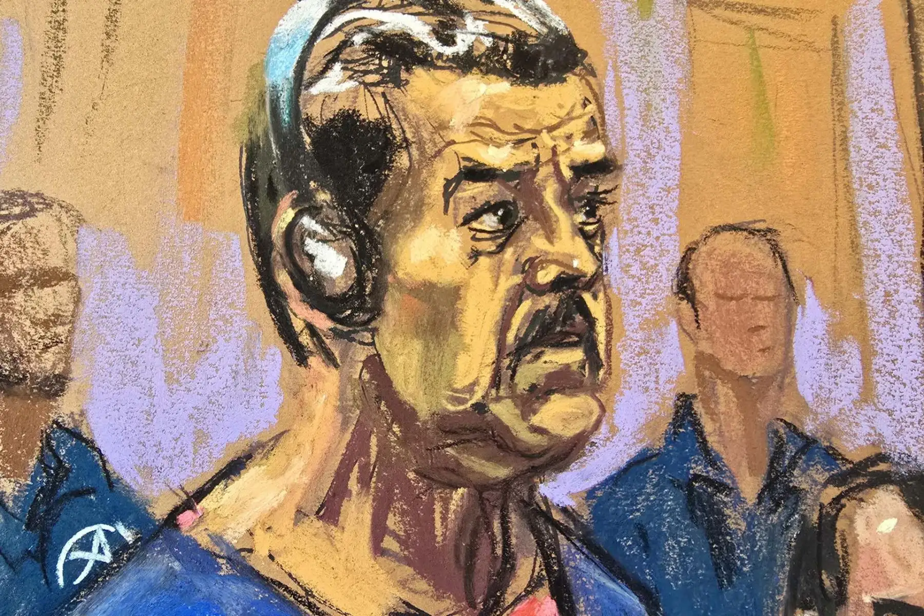 La escena judicial quedó registrada en un dibujo de Jane Rosenberg, recurso habitual en cortes federales. La ilustración muestra a Maduro y Flores compareciendo ante el tribunal, una imagen simbólica de un proceso que ha despertado atención internacional y protestas a favor y en contra fuera del recinto. Foto: AFP