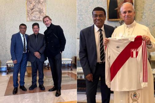 Teófilo CUbillas, Edwin Oviedo y Ricardo Gareca en audiencia con el papa León XIV. Foto: ANDINA/Composición con fotos del IG de Teófilo Cubillas