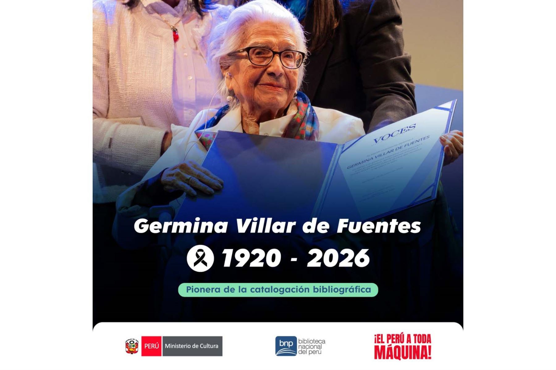 Con su fallecimiento, el Perú despide a una figura esencial de su memoria cultural. El legado de Germina Villar permanece en cada biblioteca organizada, en cada lector formado y en la convicción de que la educación y la cultura son pilares para transformar la sociedad. Foto: ANDINA/Luis Iparraguirre