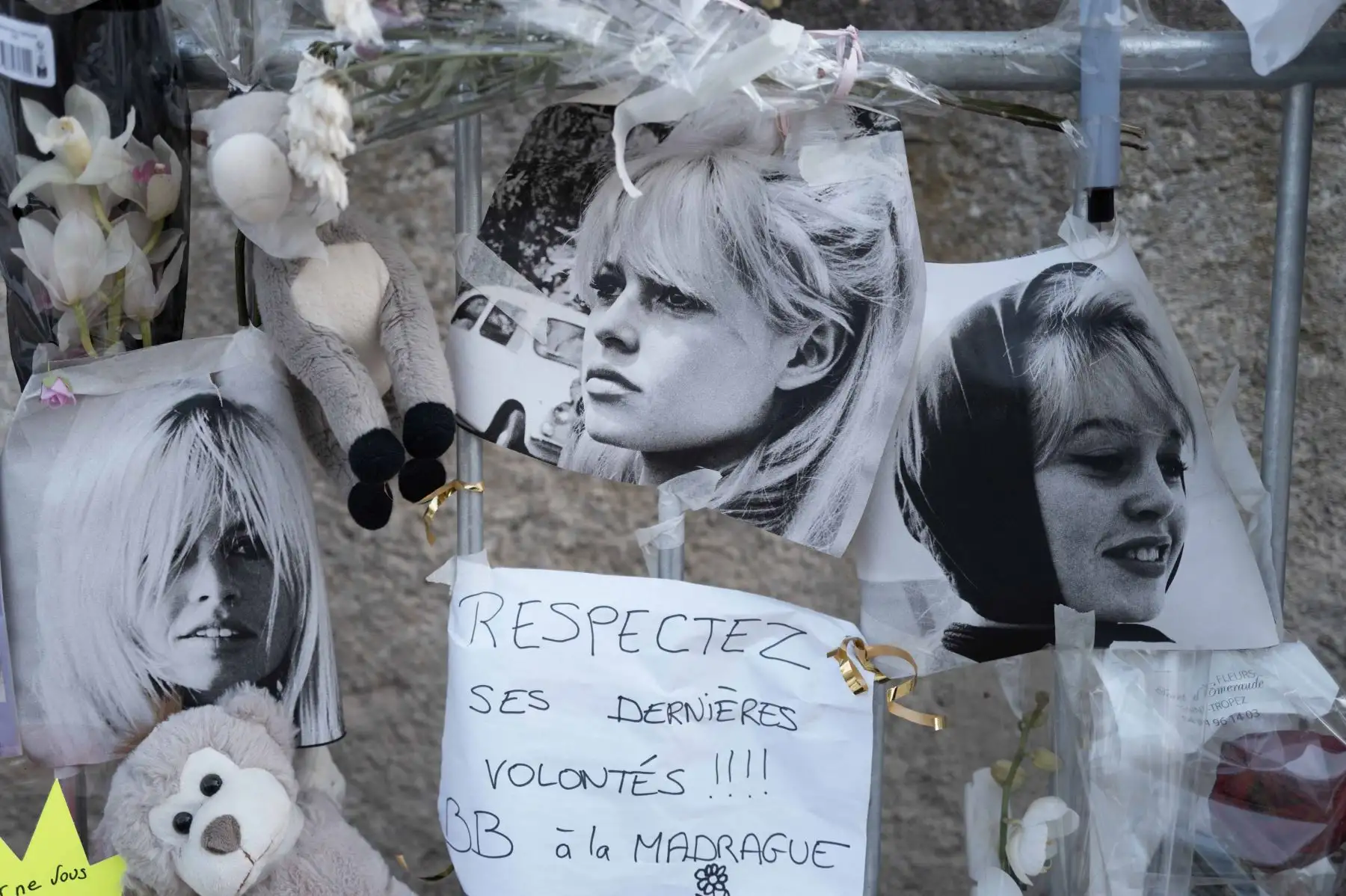 Esta fotografía muestra mensajes, imágenes y ramos de flores depositados en un monumento improvisado en homenaje a la fallecida actriz francesa Brigitte Bardot, a la entrada de su propiedad "La Madrague", en Saint-Tropez, sureste de Francia. Foto: AFP