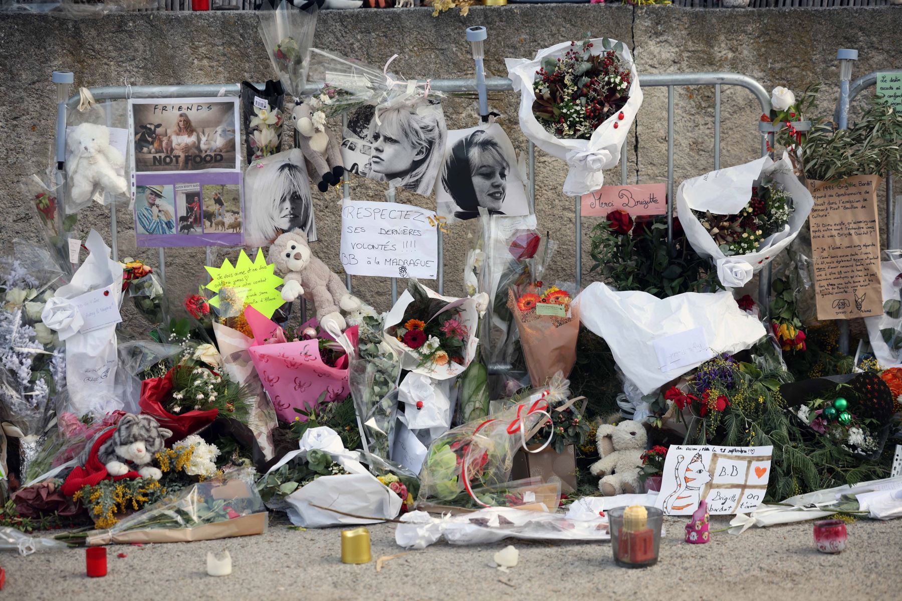 Esta fotografía muestra mensajes, imágenes y ramos de flores depositados en un monumento improvisado en homenaje a la fallecida actriz francesa Brigitte Bardot, a la entrada de su propiedad "La Madrague", en Saint-Tropez, sureste de Francia. Foto: AFP