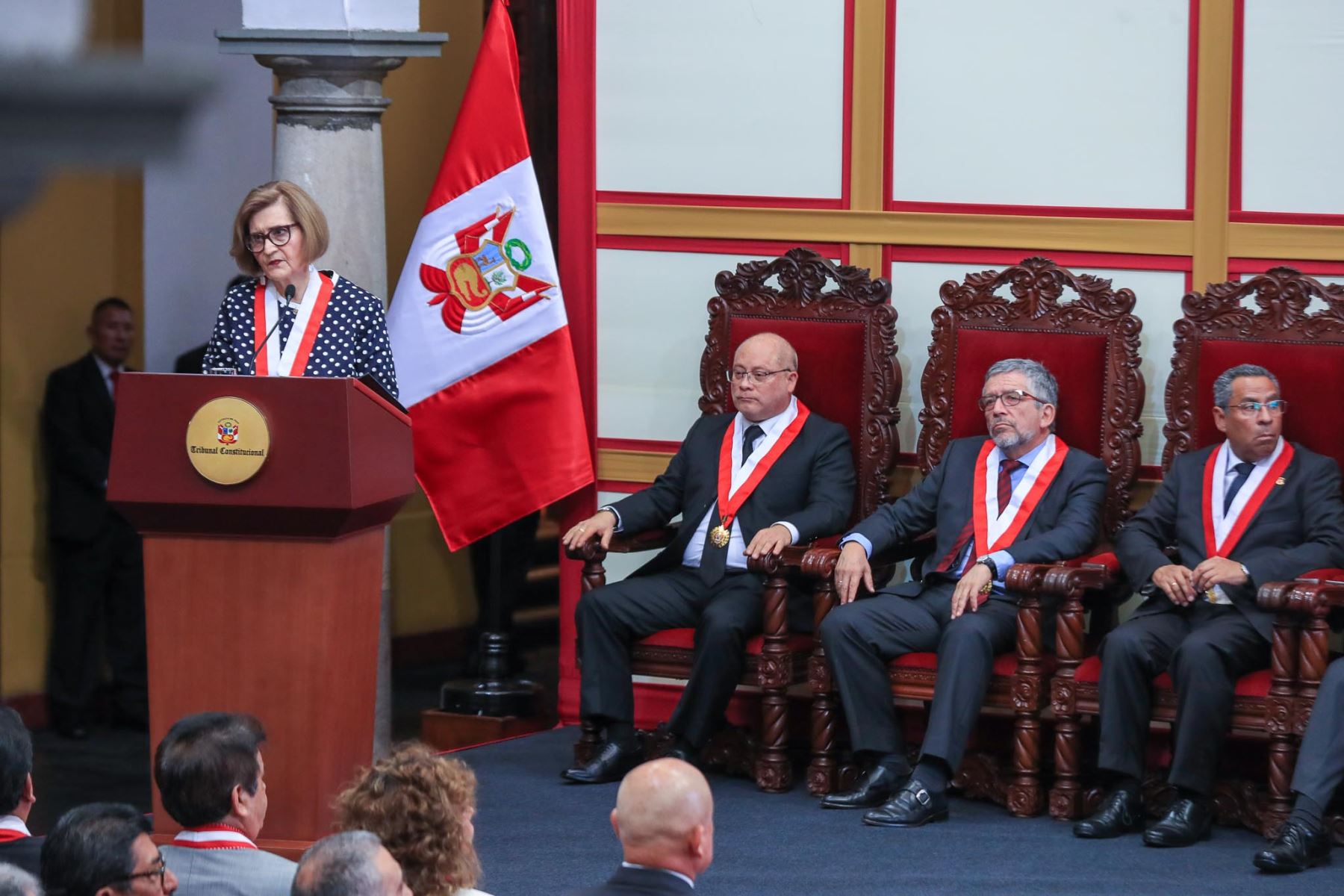 La magistrada Luz Pacheco Zerga, presidenta del Tribunal Constitucional, dirige el mensaje inaugural durante la apertura del Año Jurisdiccional Constitucional 2026.
Foto: ANDINA/Ricardo Cuba