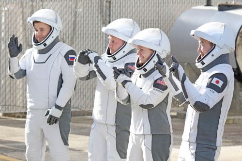 Astronautas de la misión Crew-11. De izquierda a derecha: Oleg Platonov, Mike Fincke, Zena Cardman y Kimiya Yui. Foto: AFP.