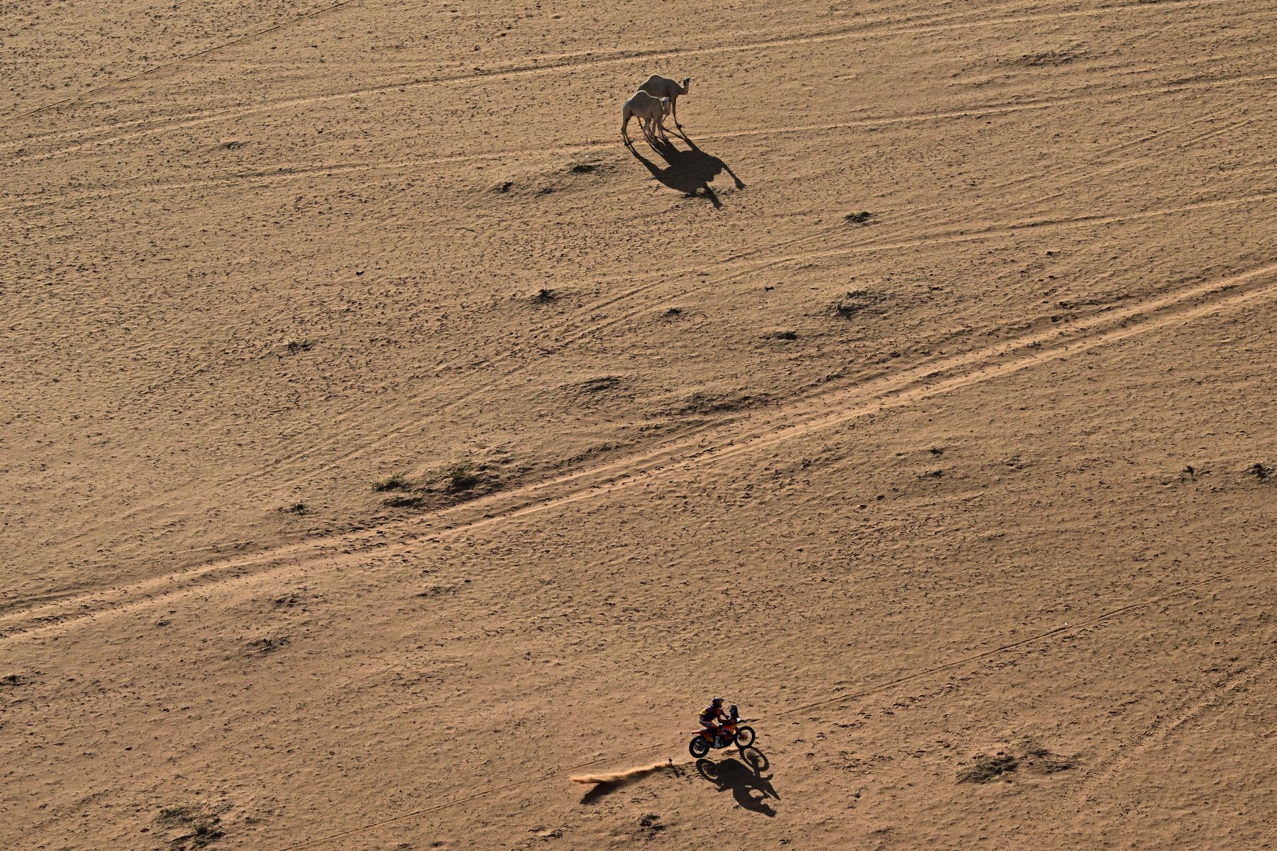 La etapa disputada entre Hail y Riad volvió a poner a prueba la resistencia de pilotos y máquinas, con un recorrido extenso y exigente que marcó diferencias estratégicas. Los equipos administran riesgos y tiempos en una semana clave, donde cualquier error puede resultar determinante para la clasificación general. Foto: AFP