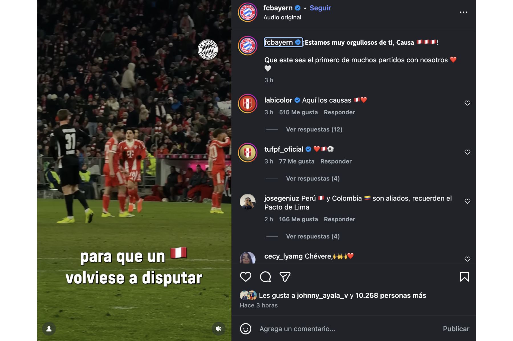 En su cuenta oficial de Instagram, Bayern Munich publicó un video del ingreso de Felipe Chávez en su debut, acompañándolo con el mensaje: “¡Estamos orgullosos de ti, causa! Este es el primero de muchos partidos con nosotros”, destacando el apoyo institucional del club hacia el joven futbolista peruano. Foto: Captura de Pantal