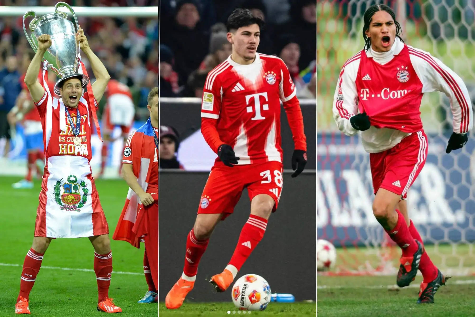 El peruano Felipe Chávez escribió un nuevo capítulo para el fútbol peruano al debutar en la Bundesliga con el Bayern München, uno de los clubes más poderosos del mundo. Con ello, se convirtió en el tercer peruano en vestir oficialmente la camiseta bávara, siguiendo los pasos de Claudio Pizarro y Paolo Guerrero, referentes históricos en Alemania. Chávez sumó sus primeros minutos en la victoria del Bayern por 8-1 ante Wolfsburgo. Foto: Composición con fotos de AFP y Bayern Munich