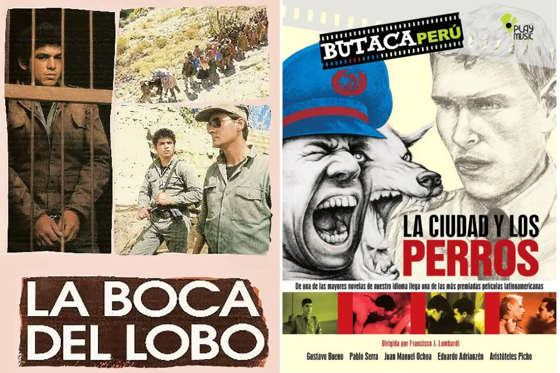 crudeza el conflicto armado interno desde la mirada de un destacamento militar en Ayacucho, mientras que La ciudad y los perros (1985), basada en la novela de Mario Vargas Llosa, expone la violencia, el autoritarismo y las tensiones sociales en un colegio militar de Lima. Ambas marcaron un antes y un después en el cine nacional. Foto: ANDINA/Composición con fotos de Archivo