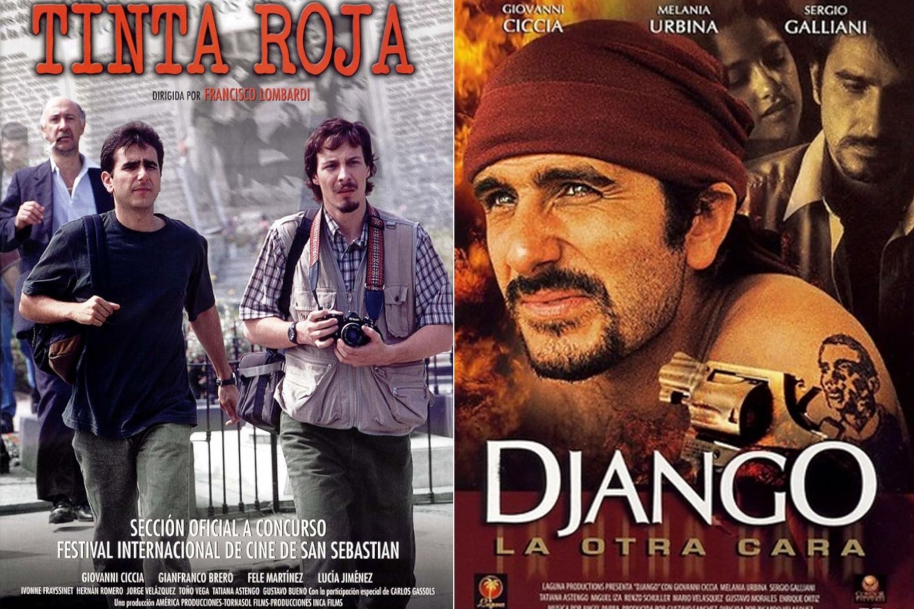 Dos miradas clave del cine peruano contemporáneo. Tinta Roja (2000) retrata el lado más crudo del periodismo policial limeño, mientras que Django: la otra cara (2002) expone la violencia, la corrupción y la delincuencia de fines de los años noventa. Ambas películas consolidan el cine crítico y urbano de Francisco Lombardi. Foto: ANDINA/Composición con fotos de Archivo