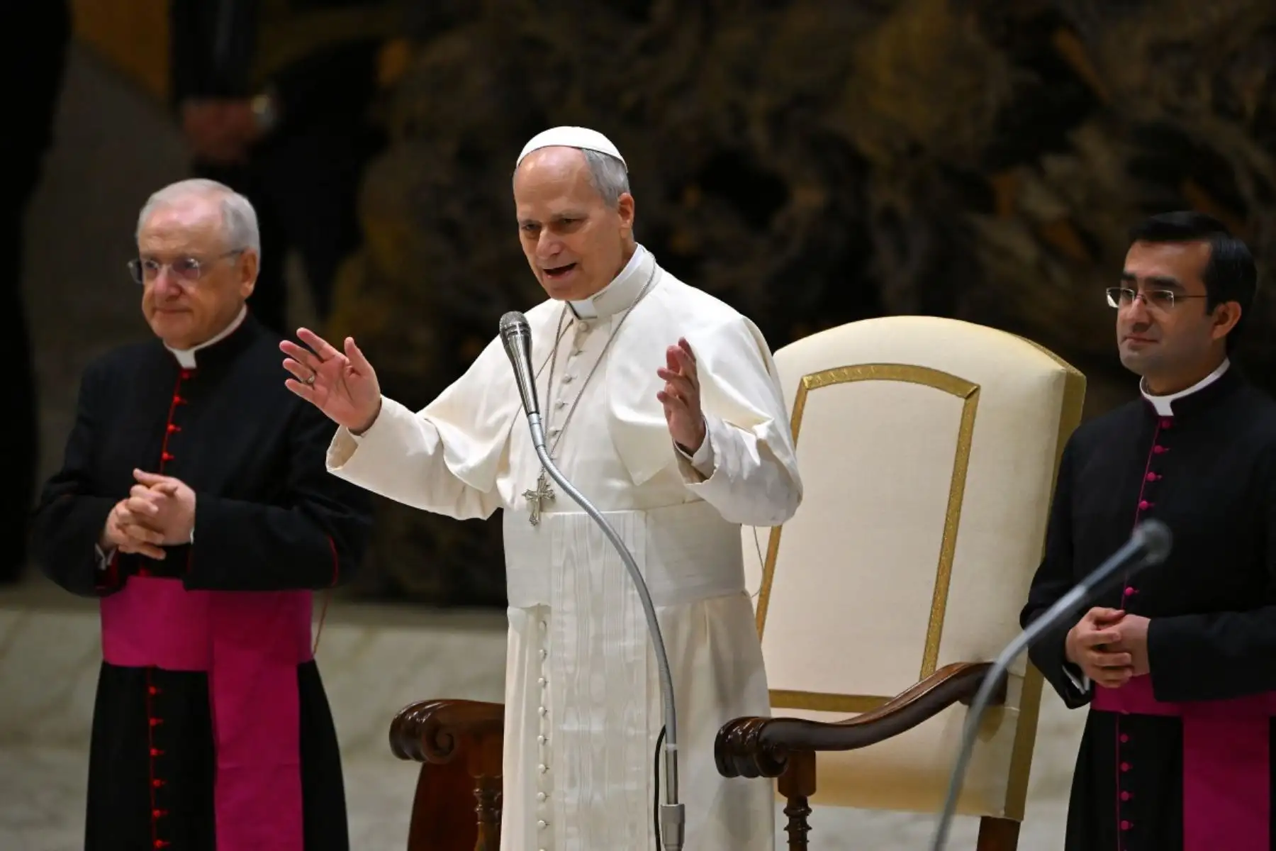 El Papa León XIV, reacciona durante su discurso durante la audiencia general semanal en el Aula Pablo VI del Vaticano. Foto: AFP