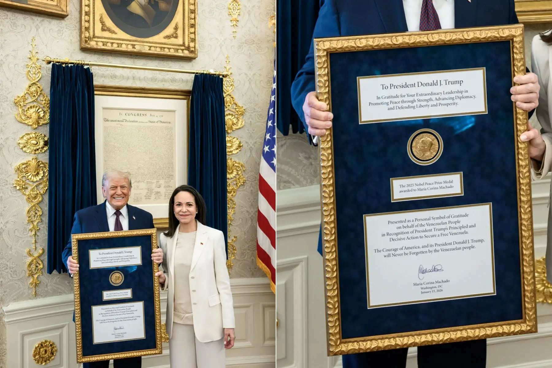 La líder opositora venezolana María Corina Machado entregó su medalla del Nobel de la Paz al presidente estadounidense Donald Trump durante un encuentro privado en la Casa Blanca, gesto que el mandatario calificó como “maravilloso”. En declaraciones a Fox News, Machado afirmó: “Se lo merece. Fue un momento muy emotivo”, y expresó su expectativa de que Trump contribuya a un cambio político en Venezuela. Foto: ANDINA/The White House