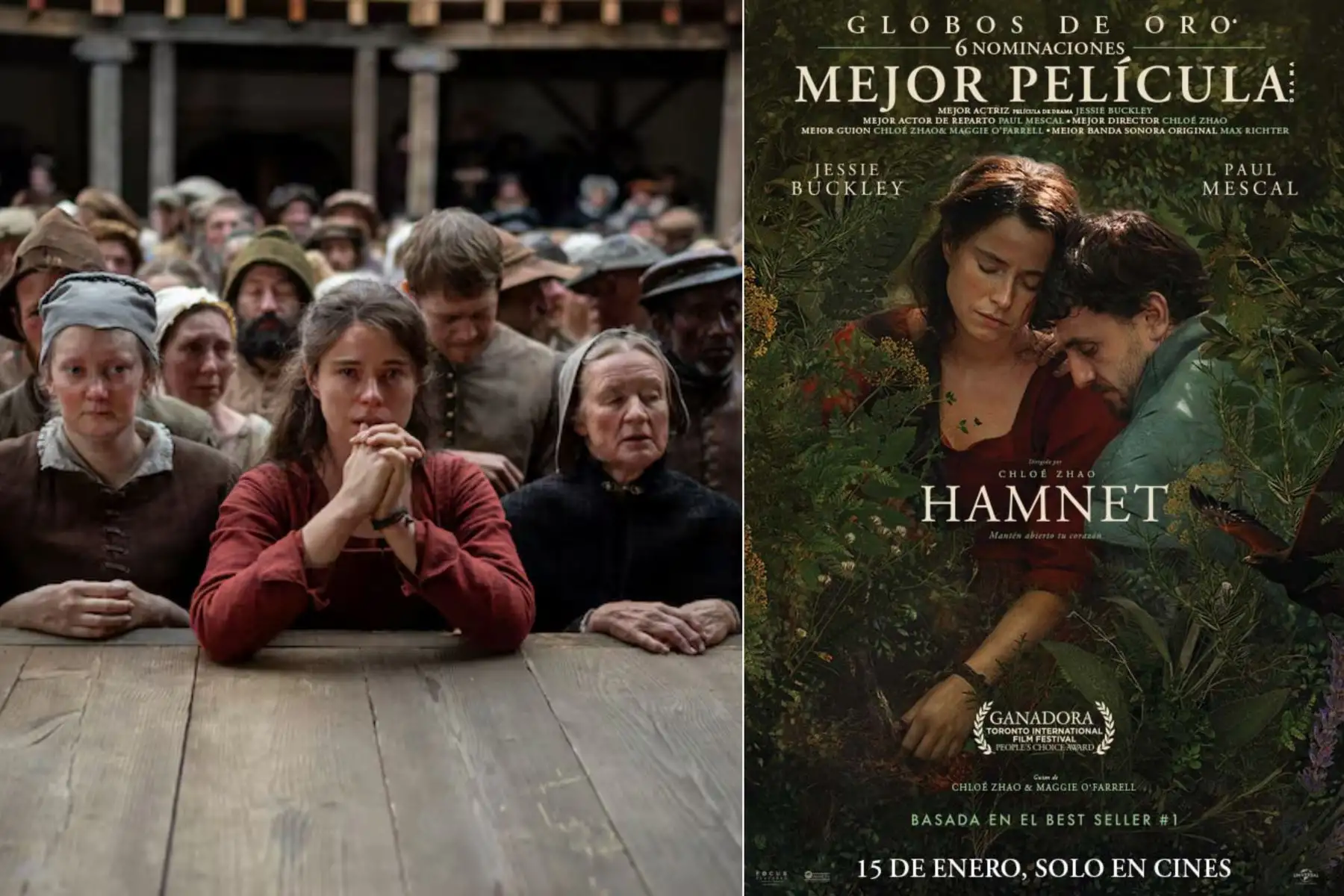 Hamnet es un drama histórico dirigido por Chloé Zhao, inspirado en la novela de Maggie O’Farrell. La película se centra en el duelo de Agnes y William Shakespeare tras la muerte de su hijo Hamnet, explorando el dolor, el amor y la creación artística. Protagonizada por Jessie Buckley, ofrece una mirada íntima y poética al origen emocional de Hamlet. Foto: ANDINA/Composición digital