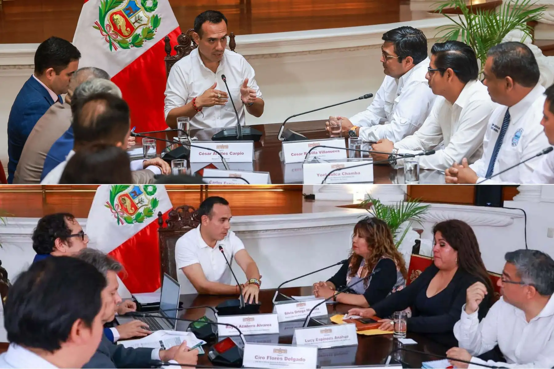 El presidente José Jerí sostuvo dos reuniones de trabajo en Palacio de Gobierno orientadas a atender demandas del sector salud y problemáticas locales. Primero dialogó con representantes de la FENUSISALUD, del Minsa y de EsSalud sobre brechas laborales, incluido el nombramiento de trabajadores CAS Covid. Luego recibió a autoridades de la Municipalidad de Villa de San Juan de Siguas (Arequipa) para priorizar soluciones en beneficio de la población. Foto: ANDINA/Prensa Presidencia