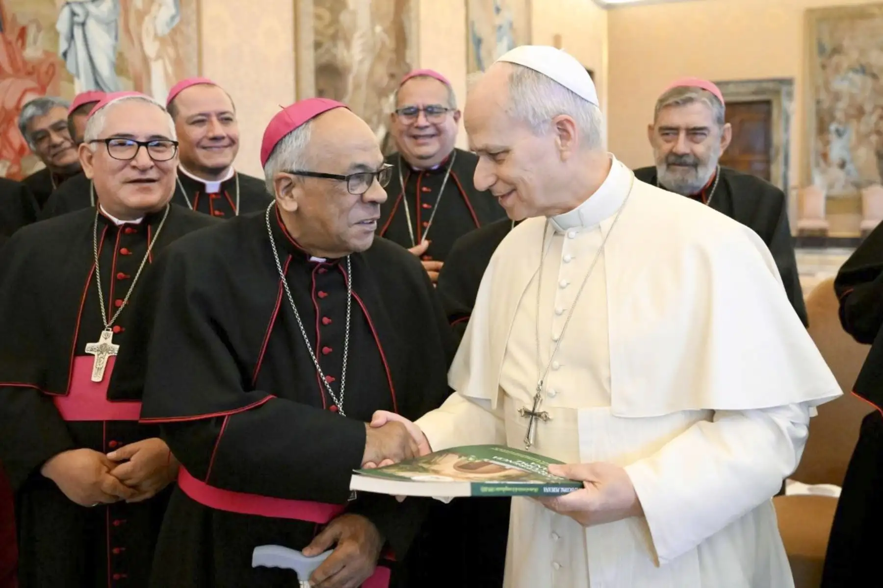 El Papa León XIV reafirmó el lugar especial que ocupa el Perú en su corazón durante la audiencia con los obispos peruanos, recordando con afecto las alegrías y dificultades vividas junto a los fieles y pastores del país. Valoró la fe sencilla de su gente y la fortaleza de una Iglesia capaz de esperar en medio de las pruebas. Asimismo, animó a los obispos a hacer fructificar en el presente la herencia espiritual recibida de grandes santos peruanos como Toribio, Rosa, Martín y Juan. Foto: Vatican News