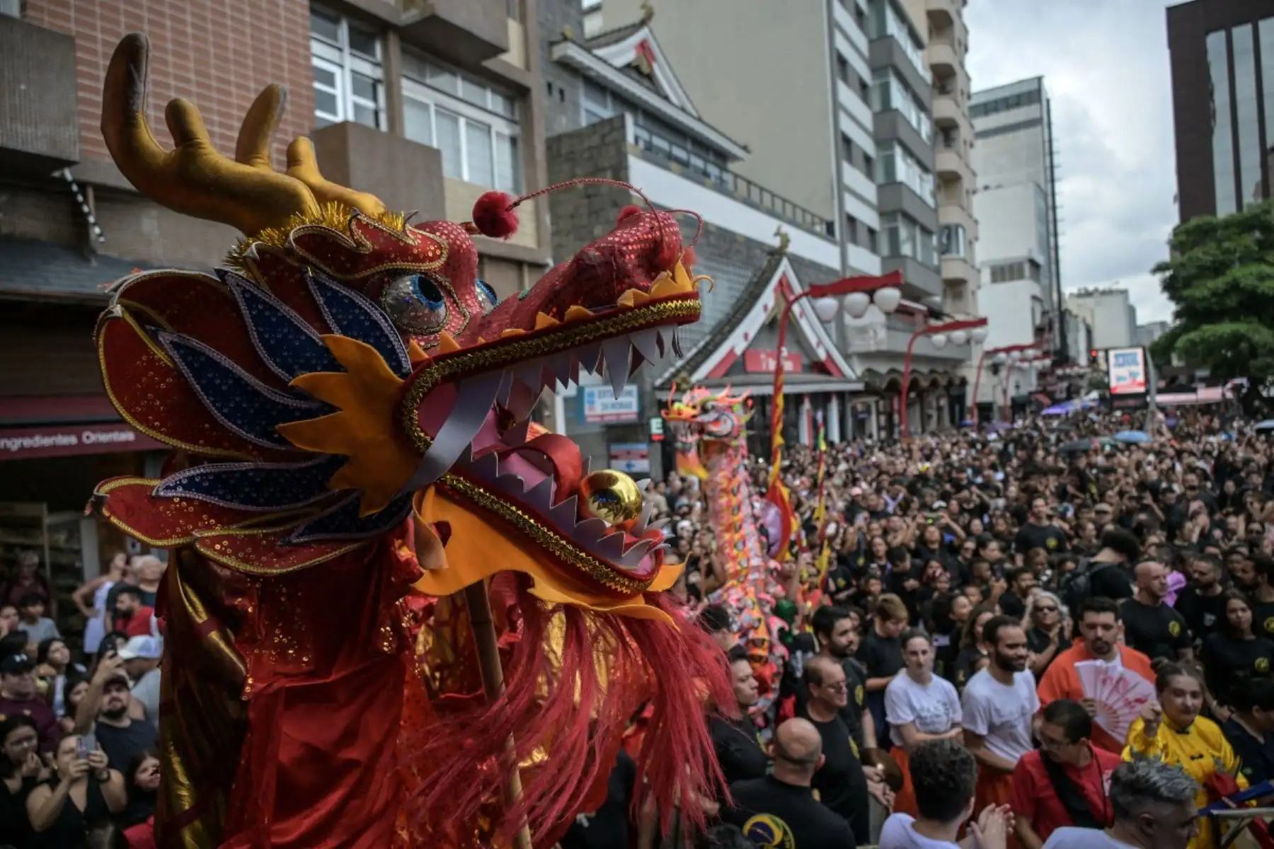 La danza del dragón se presenta durante las celebraciones del Año Nuevo Lunar chino, que da la bienvenida al Año del Caballo, en el barrio de Liberdade, en São Paulo, Brasil. Foto: AFP