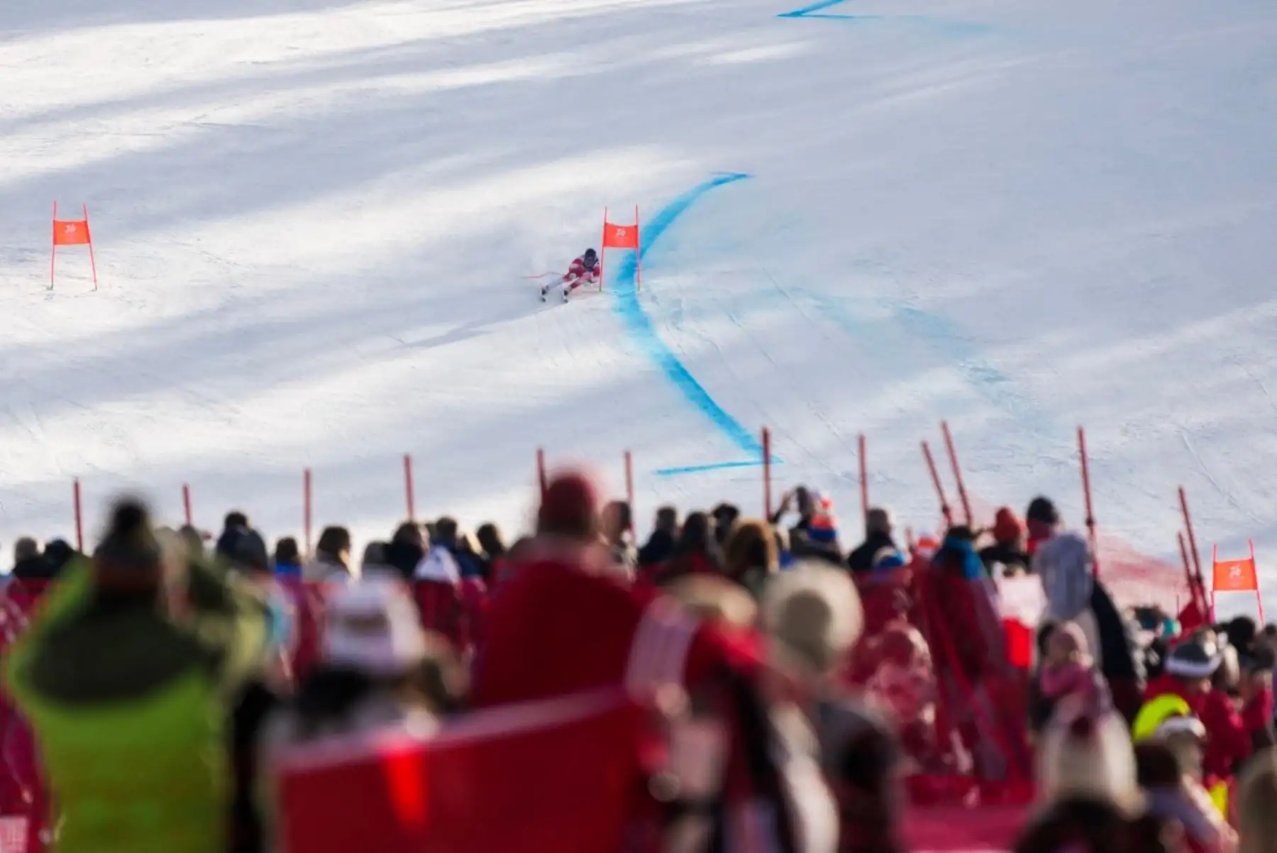 Los espectadores observan al suizo Franjo von Allmen descender por la pista de esquí alpino super-G masculino durante los Juegos Olímpicos de Invierno Milano Cortina 2026 en el Centro de Esquí Stelvio en Bormio (Valtellina) el 11 de febrero de 2026. Foto:AFP