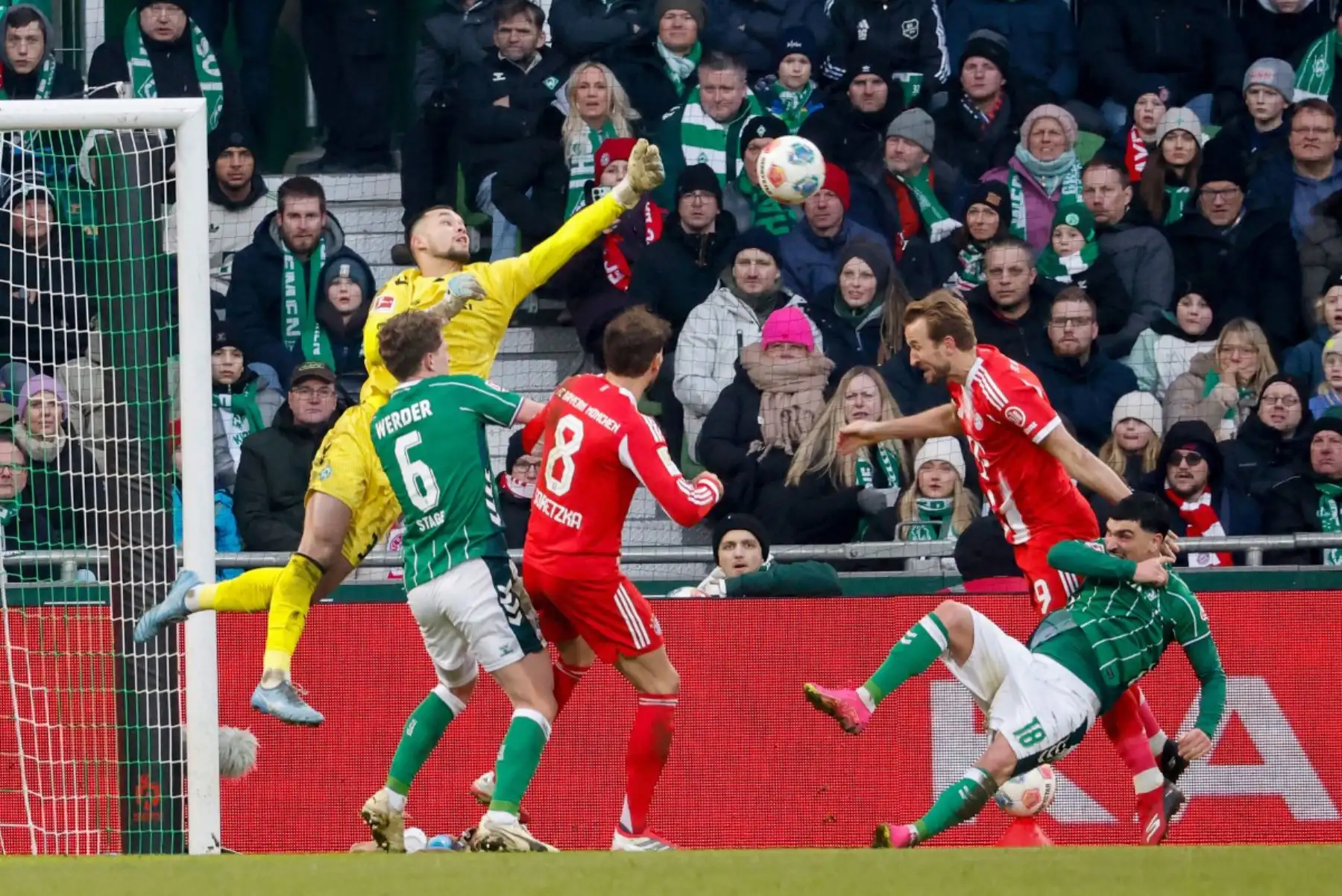 El delantero inglés 09 del Bayern Munich, Harry Kane, tiene su cabezazo detenido por el portero alemán 30 del Bremen, Mio Backhaus, durante el partido de fútbol de la primera división alemana, la Bundesliga, entre el SV Werder Bremen y el FC Bayern Munich en Bremen. Foto: ANDINA/AFP