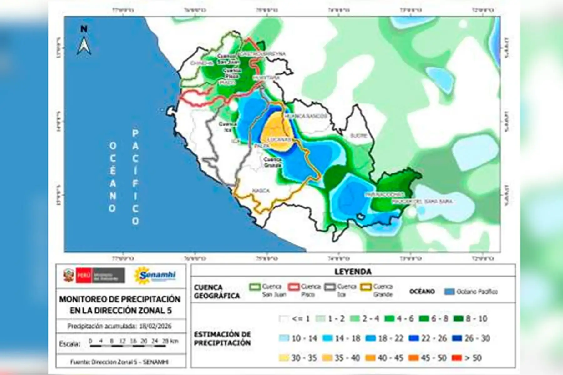 Las precipitaciones de moderada a fuerte intensidad continuarán en las próximas 24 horas, lo que podría generar nuevos incrementos del caudal de ríos Ica, Pisco, San Juan y Grande. Foto: Senamhi