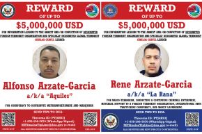 El Departamento de Justicia de EE.UU. ofrece recompensas por información que conduzca a la captura de los hermanos Arzate García. Imagen: US Department of Justice/X