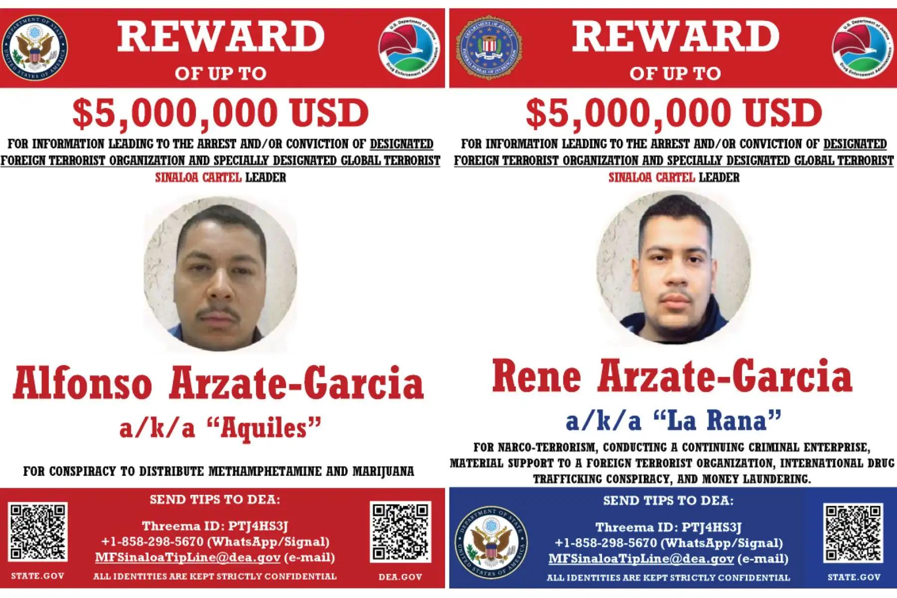 El Departamento de Justicia de EE.UU. ofrece recompensas por información que conduzca a la captura de los hermanos Arzate García. Imagen: US Department of Justice/X
