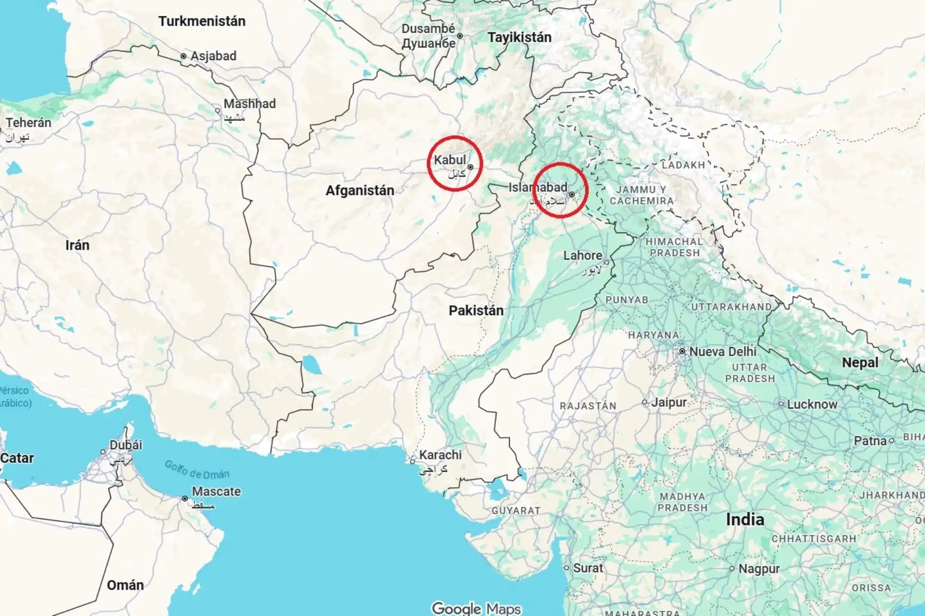 Mapa de localización de las ciudades de Kabul (Afganistán) e Islamabad (Pakistán). Imagen: Google Maps.
