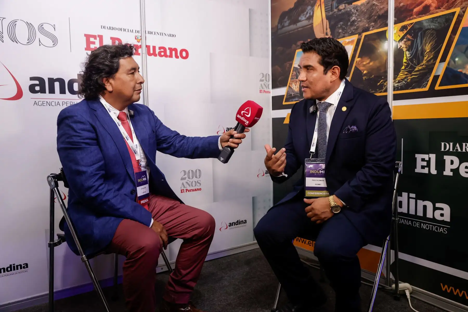 Paolo Joel Andrés Alzamora, presidente ejecutivo (e) del Instituto Geológico, Minero y Metalúrgico (Ingemmet), brindó una entrevista a la Agencia de Noticias Andina durante el desarrollo de INDUMIN 2026, donde abordó el rol de la investigación geológica y la información técnica en el fortalecimiento de una minería responsable y sostenible en el país. Foto: ANDINA/Luis Iparraguirre