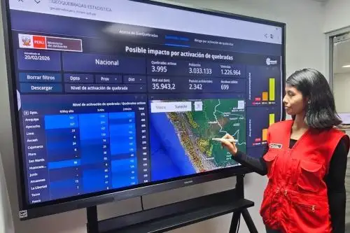 El Minam expone en el COEN sobre la utilidad de la plataforma Geoquebradas, creada para identificar escenarios de riesgo por huaicos y deslizamientos. Foto: Minam