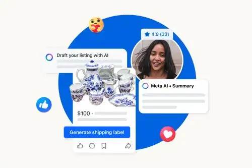 Meta AI resume el historial de anuncios, los tipos de artículos que se vende y la calificación como vendedor.