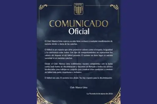 Comunicado de Alianza Lima difundido en redes sociales ante manifestaciones de racismo. Foto: Internet/Medios.
