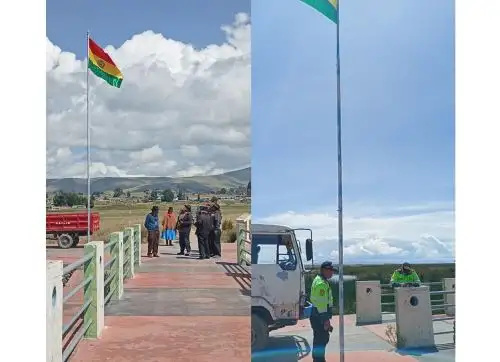 Efectivos policiales retiraron una bandera de Bolivia que desconocidos izaron en el embarcadero de la comunidad de Isani, ubicada en el distrito de Zepita, provincia de Chucuito – Juli, región Puno.