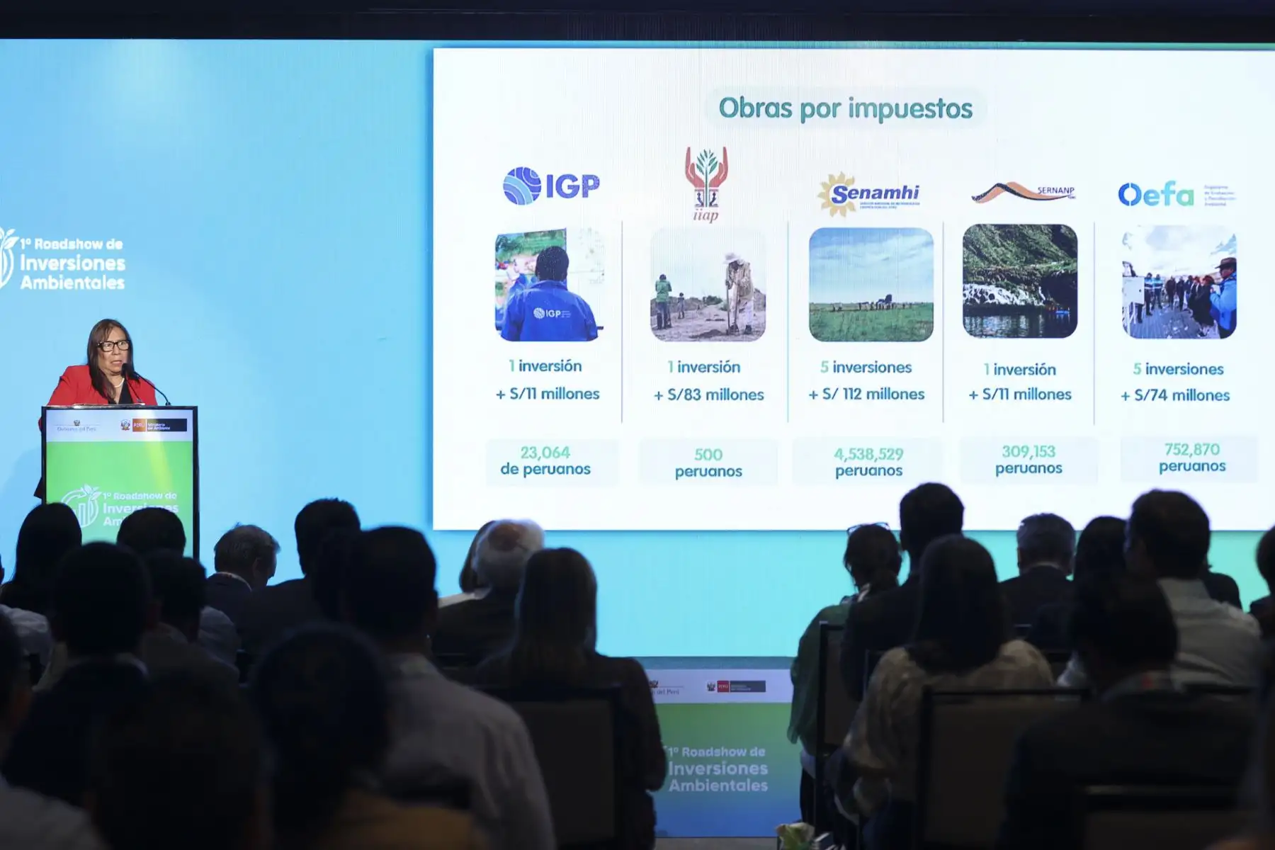 El Ministerio del Ambiente realizó el Primer Roadshow de Inversiones Ambientales, con la participación de la ministra Nelly Paredes. Durante el evento se presentó una cartera de 75 proyectos orientados a infraestructura natural, gestión de residuos sólidos y fiscalización ambiental, iniciativas que impactarán en más de 17 regiones y beneficiarán a cerca de 10 millones de personas, impulsando la inversión sostenible y el desarrollo del país. Foto: ANDINA/Jhonel Rodríguez Robles