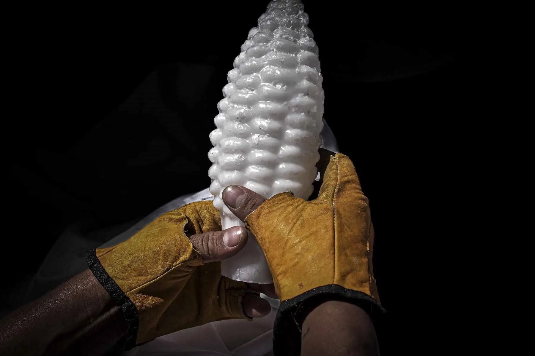 Detalle de una pieza de cera en forma de choclo, elemento simbólico que representa la abundancia y la vida, y que forma parte de la rica ornamentación que caracteriza al anda del Señor de la Resurrección. Foto: ANDINA/Cortesía Javier Ninanya.