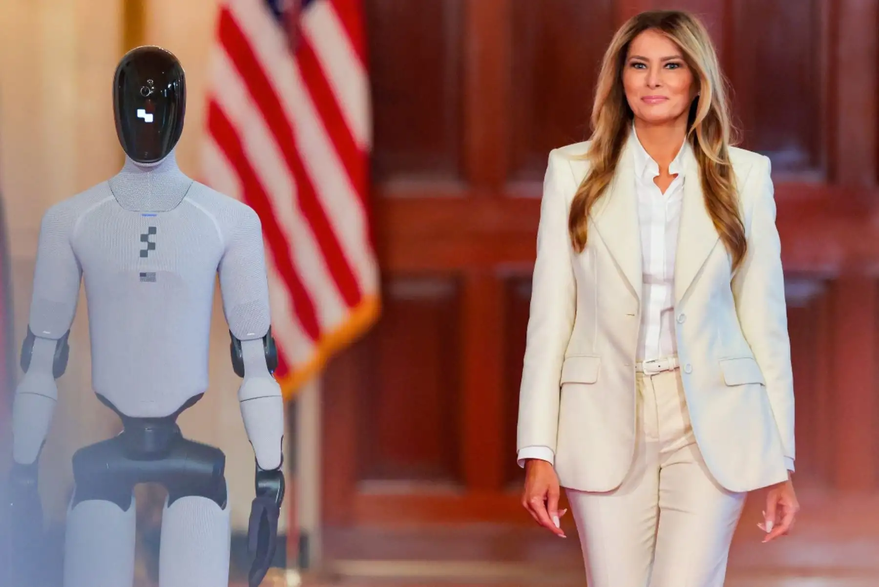 Melania Trump encabezó la jornada en la Casa Blanca acompañada del robot humanoide, en una puesta en escena que buscó resaltar el avance de la robótica en Estados Unidos. Foto: ANDINA/AFP.
