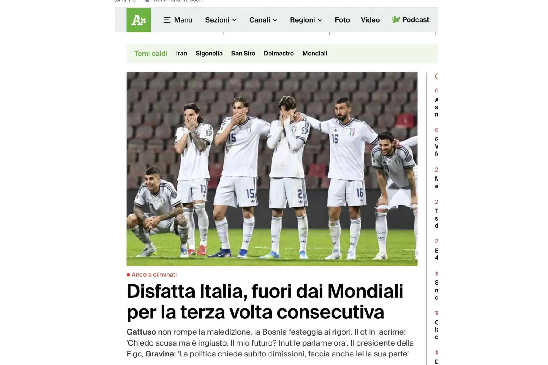Así reaccionan los medios tras la derrota de la selección italiana ante Bosnia y Herzegovina que lo deja fuera del Mundial de Fútbol  por tercera vez consecutiva. Foto: INTERNET/Medios