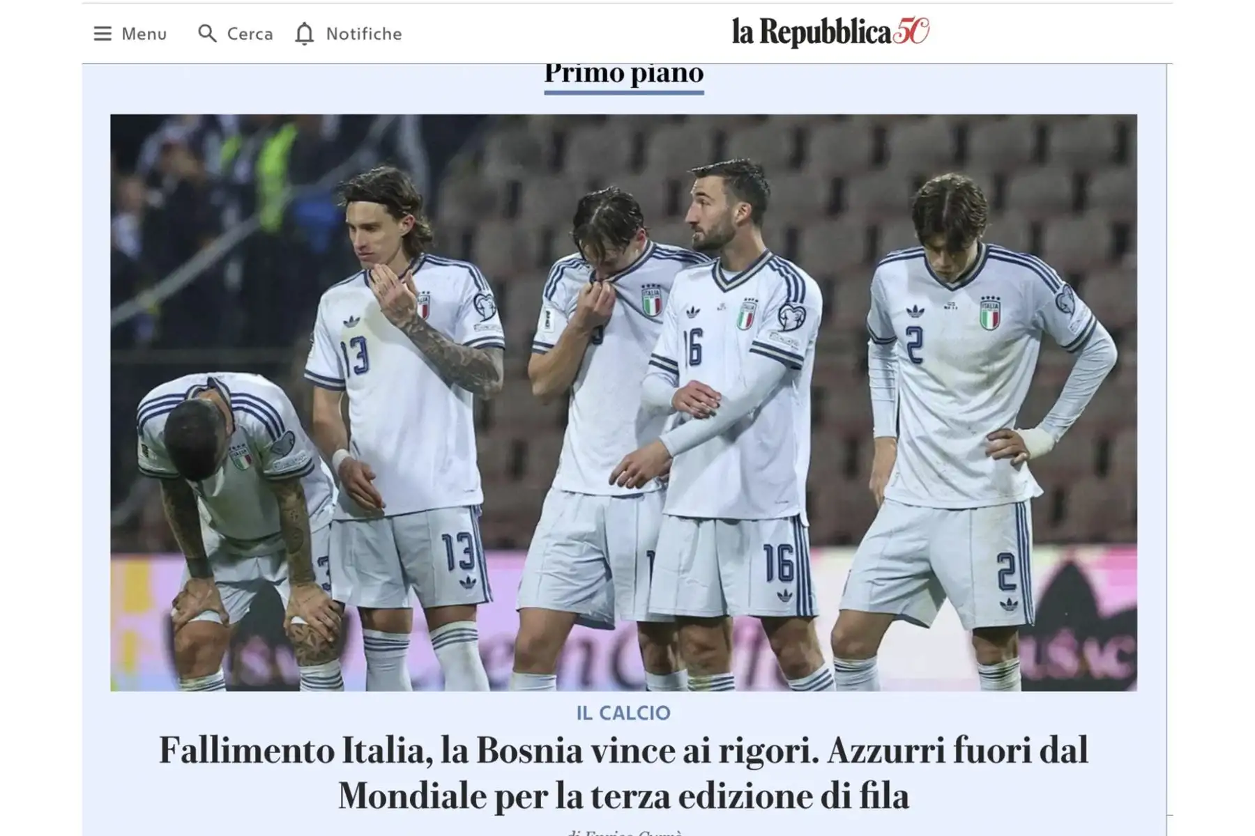Así reaccionan los medios tras la derrota de la selección italiana ante Bosnia y Herzegovina que lo deja fuera del Mundial de Fútbol  por tercera vez consecutiva. Foto: INTERNET/Medios
