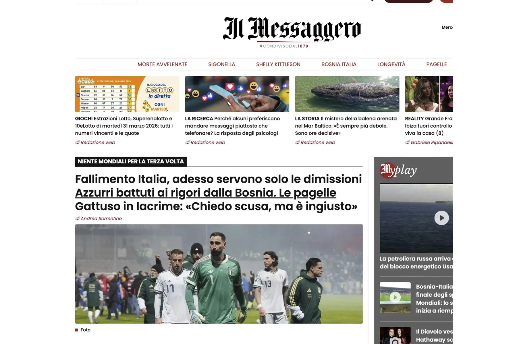 Así reaccionan los medios tras la derrota de la selección italiana ante Bosnia y Herzegovina que lo deja fuera del Mundial de Fútbol  por tercera vez consecutiva. Foto: INTERNET/Medios