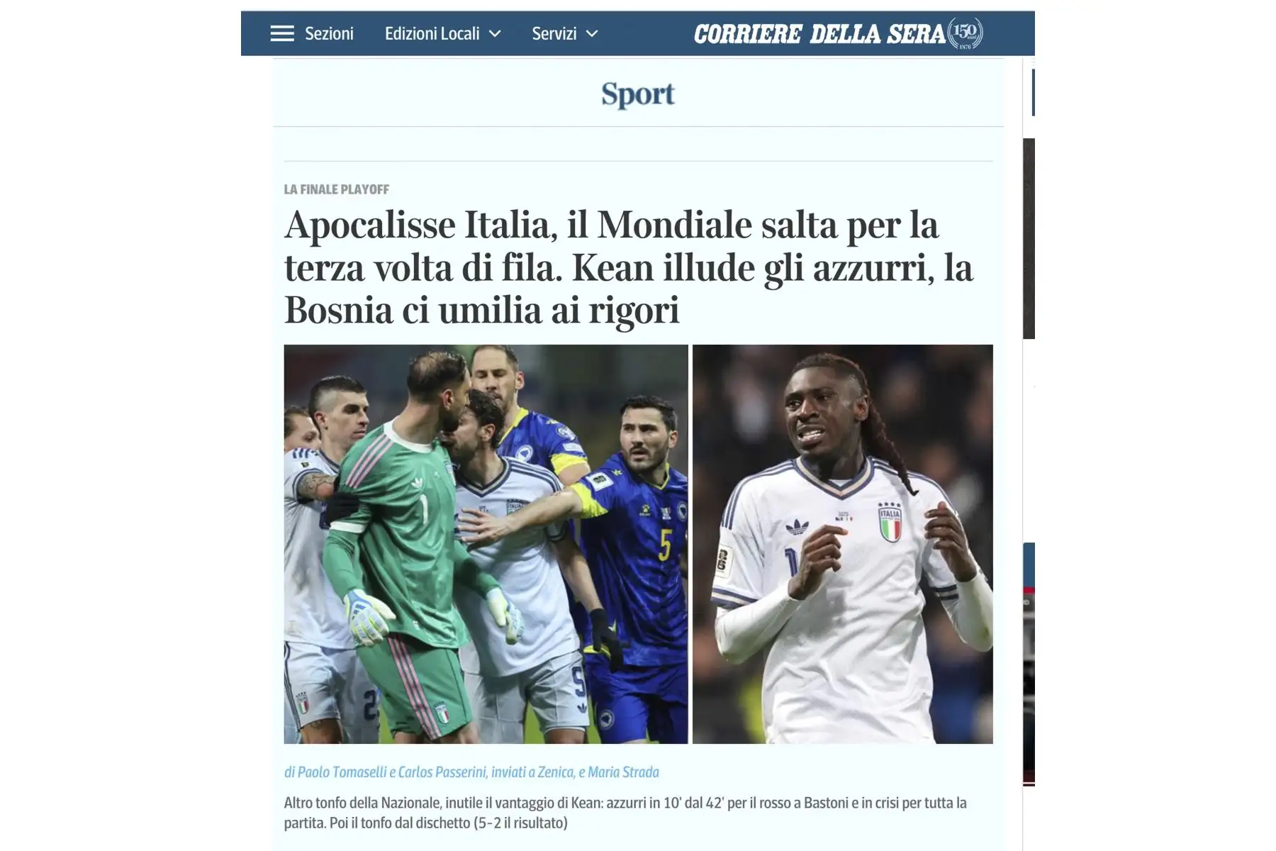 Así reaccionan los medios tras la derrota de la selección italiana ante Bosnia y Herzegovina que lo deja fuera del Mundial de Fútbol  por tercera vez consecutiva. Foto: INTERNET/Medios