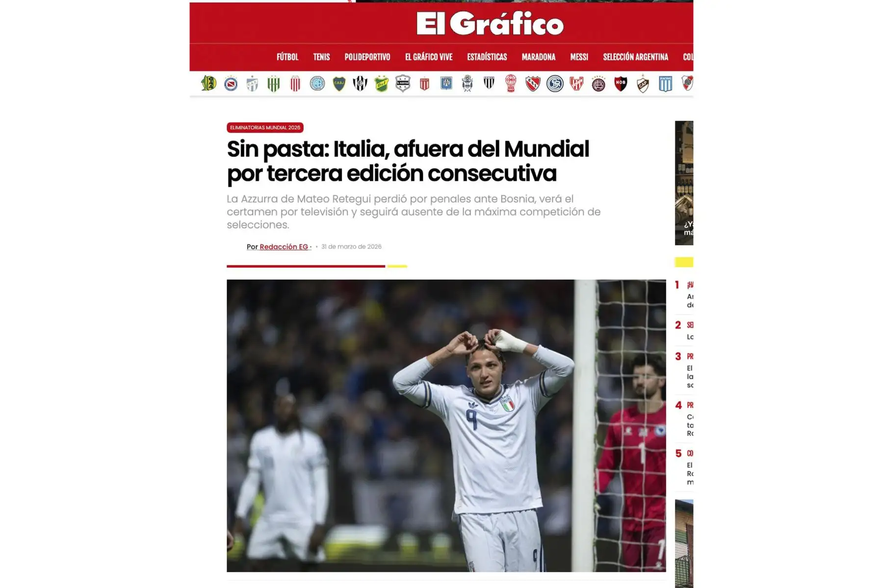 Así reaccionan los medios tras la derrota de la selección italiana ante Bosnia y Herzegovina que lo deja fuera del Mundial de Fútbol  por tercera vez consecutiva. Foto: INTERNET/Medios