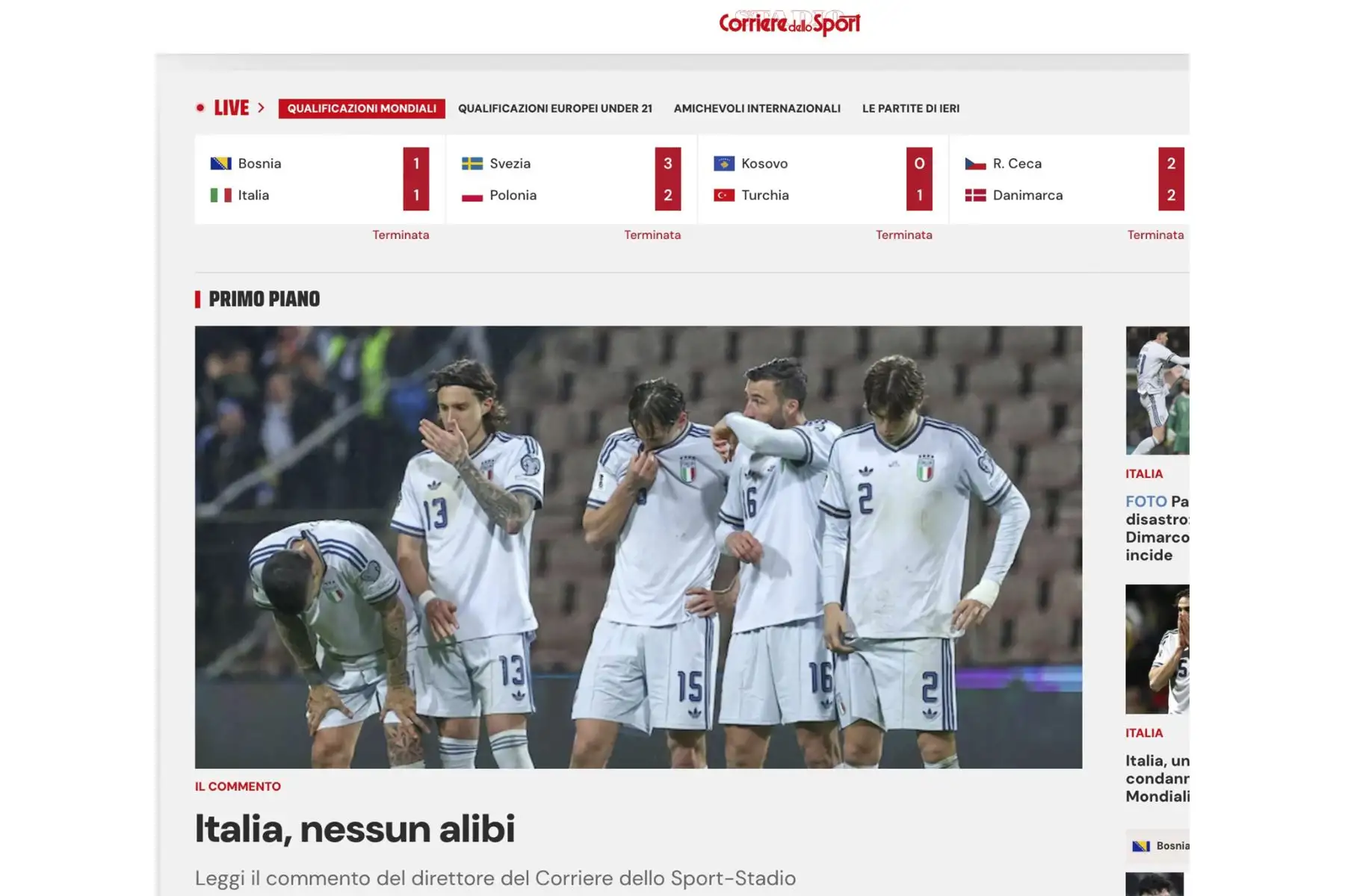 Así reaccionan los medios tras la derrota de la selección italiana ante Bosnia y Herzegovina que lo deja fuera del Mundial de Fútbol  por tercera vez consecutiva. Foto: INTERNET/Medios