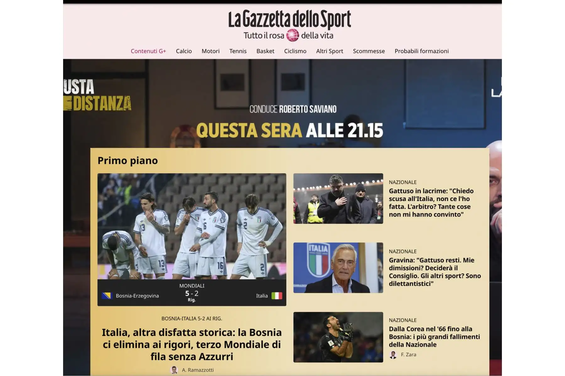 Así reaccionan los medios tras la derrota de la selección italiana ante Bosnia y Herzegovina que lo deja fuera del Mundial de Fútbol  por tercera vez consecutiva. Foto: INTERNET/Medios