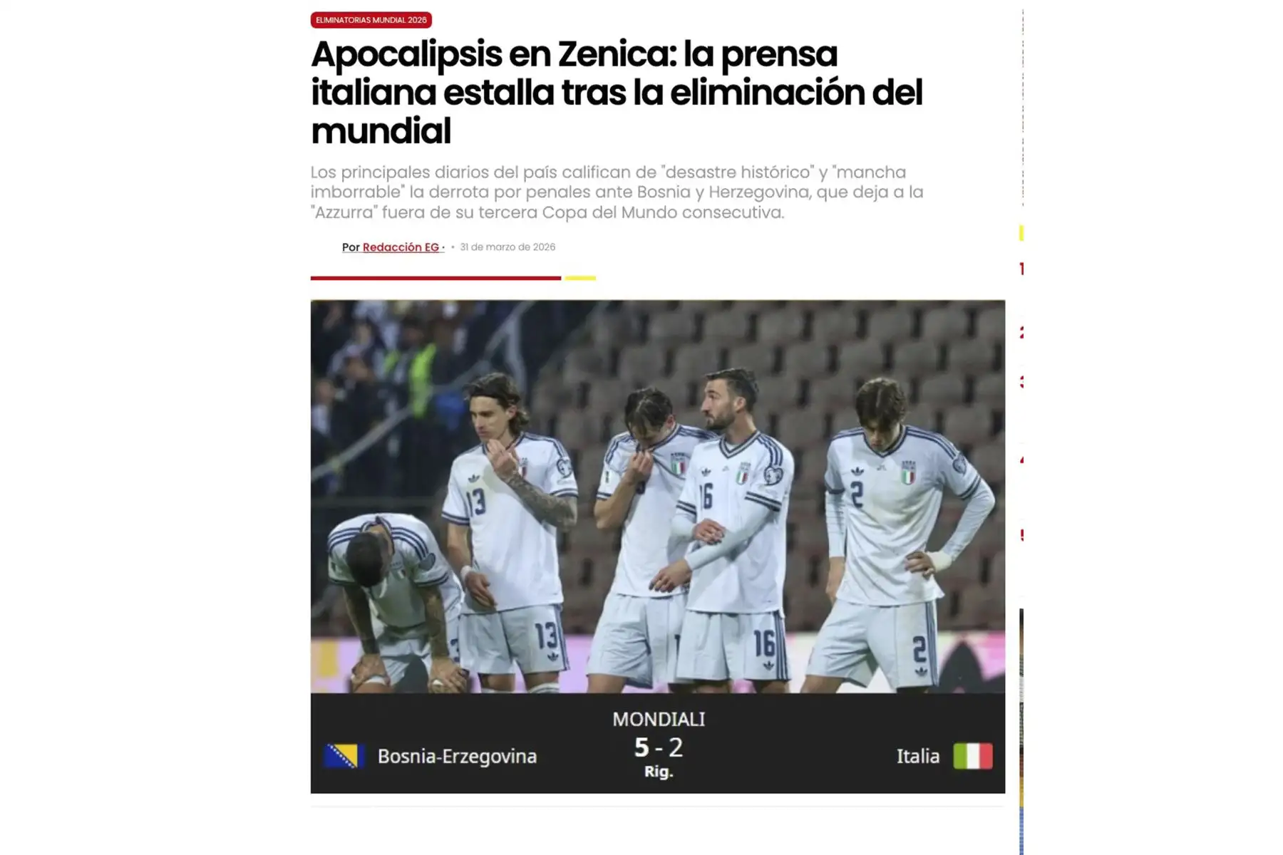 Así reaccionan los medios tras la derrota de la selección italiana ante Bosnia y Herzegovina que lo deja fuera del Mundial de Fútbol  por tercera vez consecutiva. Foto: INTERNET/Medios