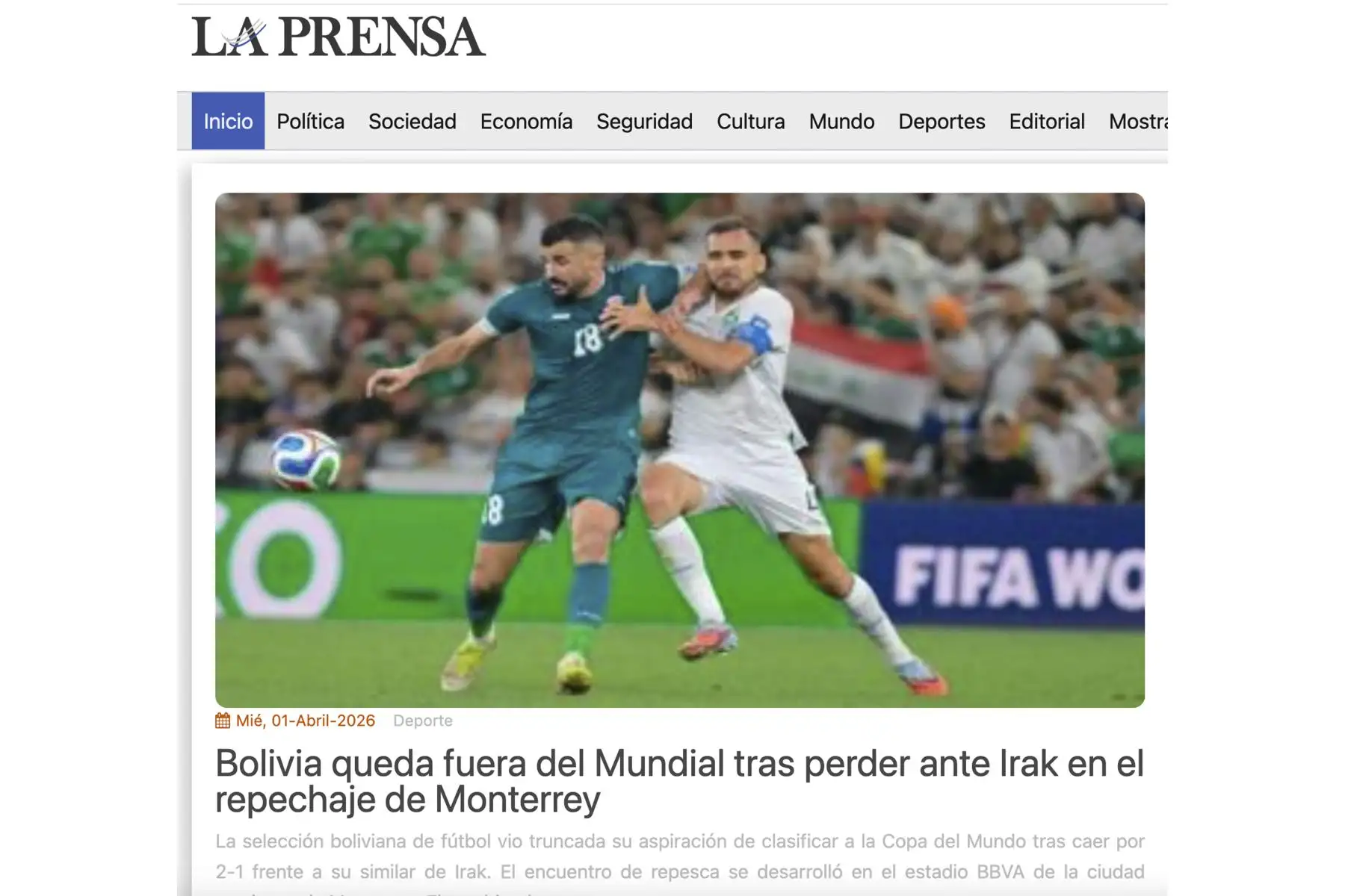 Así informaron los medios bolivianos la derrota del conjunto altiplánico ante Irak, que lo deja fuera del Mundial de Fútbol 2026.  Foto: INTERNET/Medios